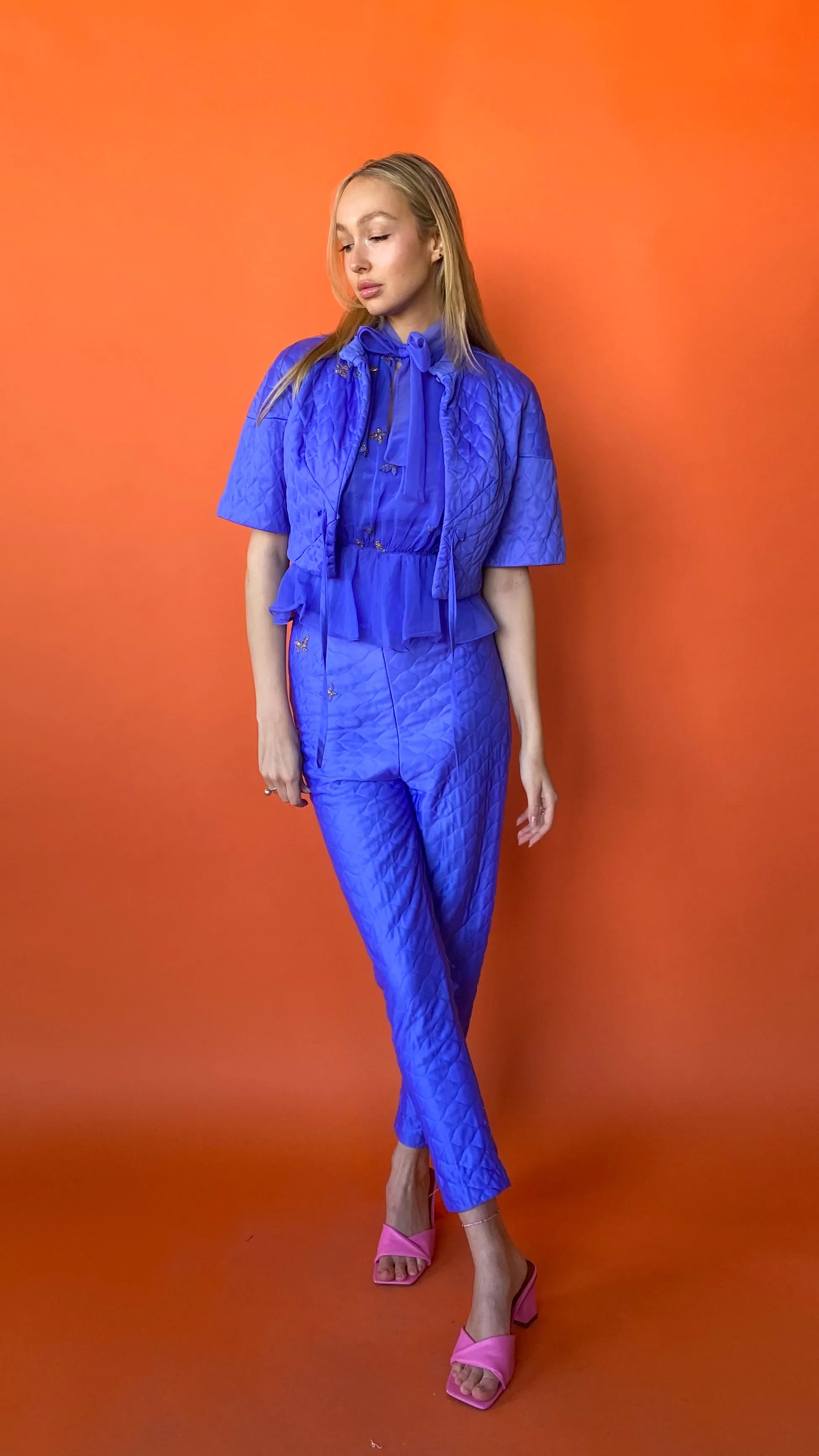 1960s Rare Periwinkle Quilted Pants Set, sz. S