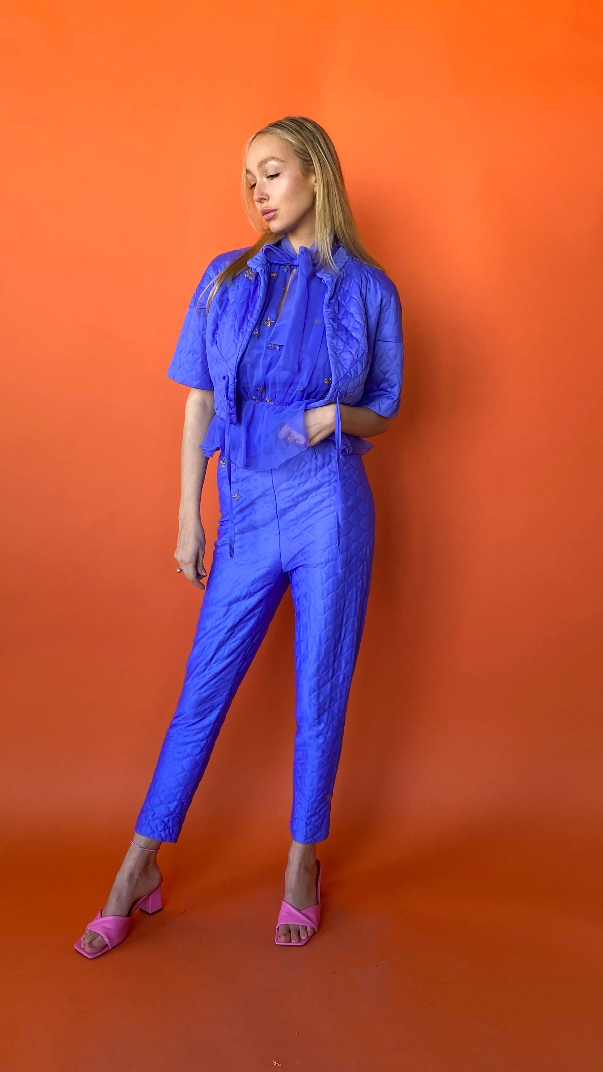 1960s Rare Periwinkle Quilted Pants Set, sz. S