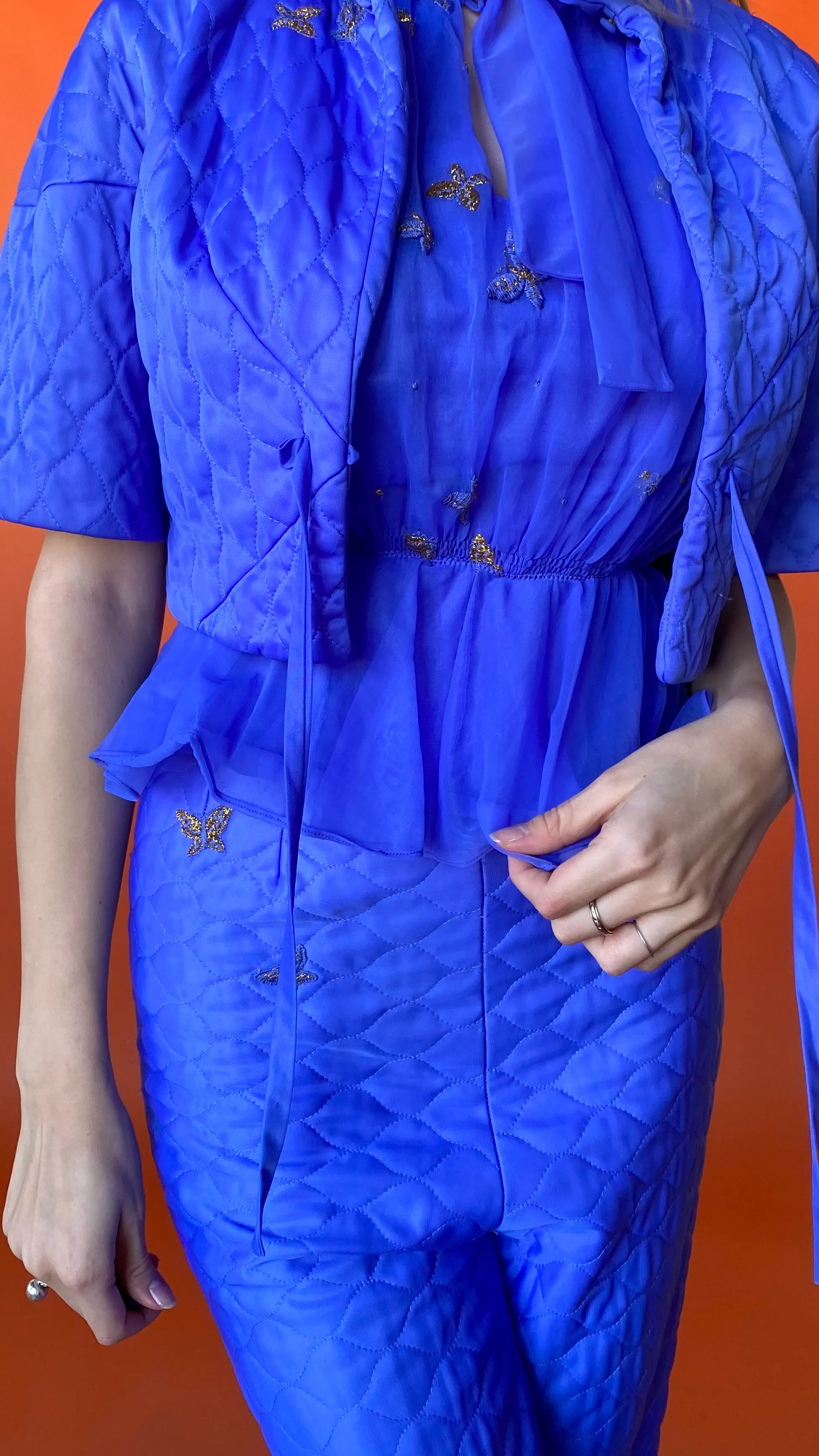 1960s Rare Periwinkle Quilted Pants Set, sz. S