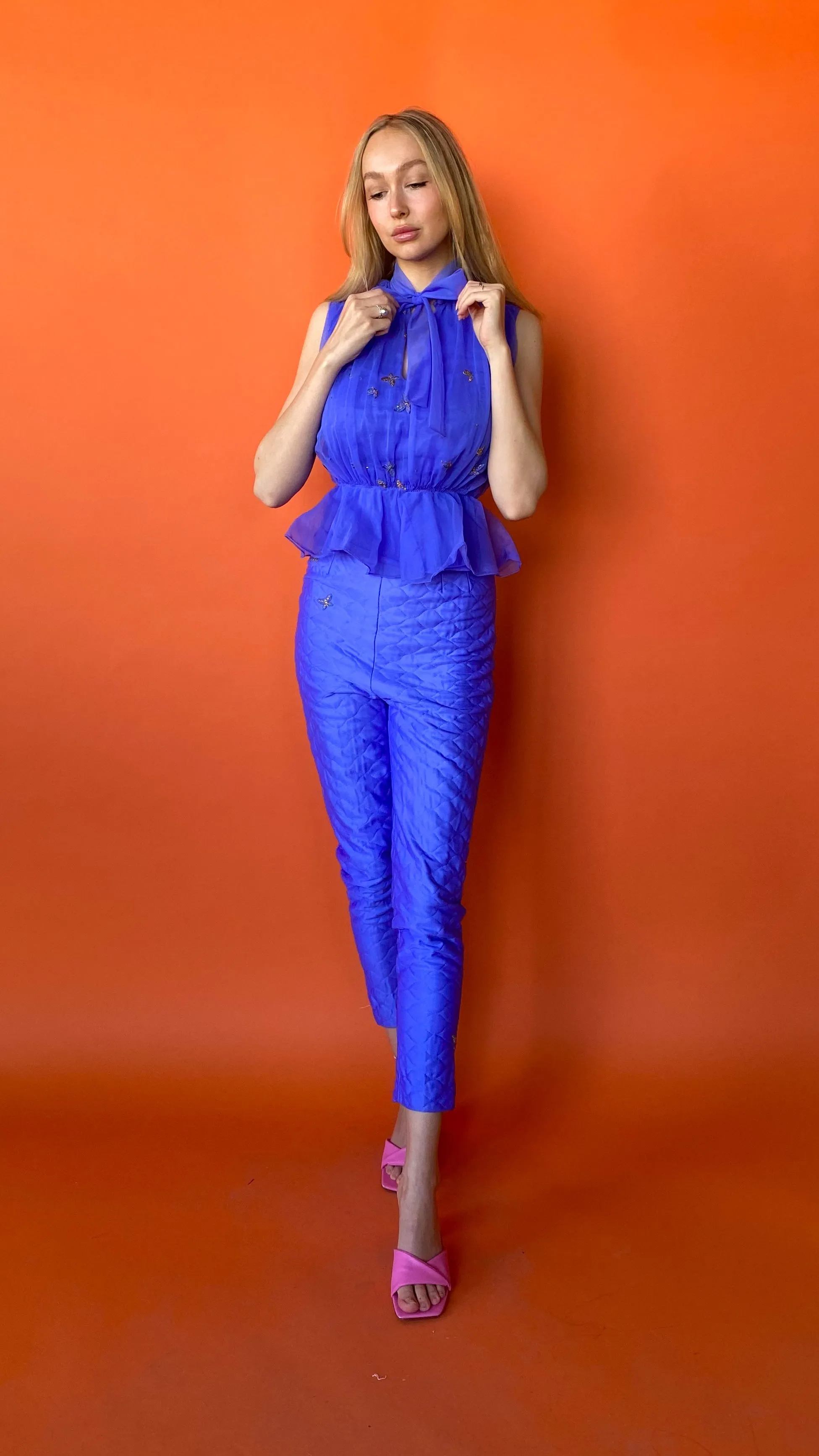 1960s Rare Periwinkle Quilted Pants Set, sz. S