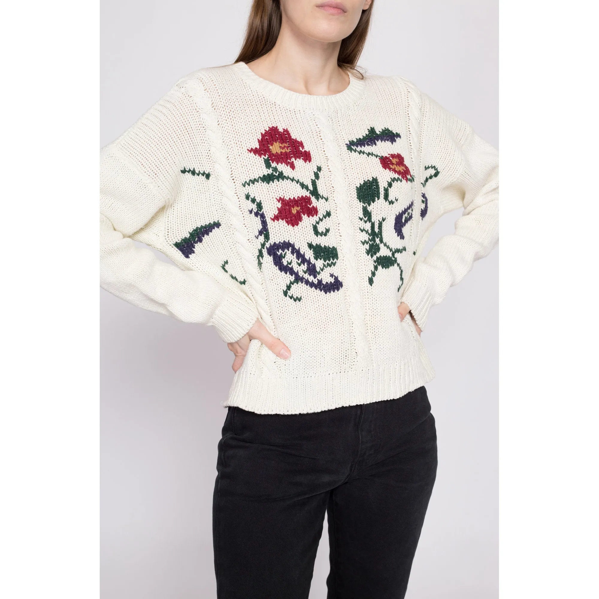 90s White Floral Cable Knit Sweater - Medium