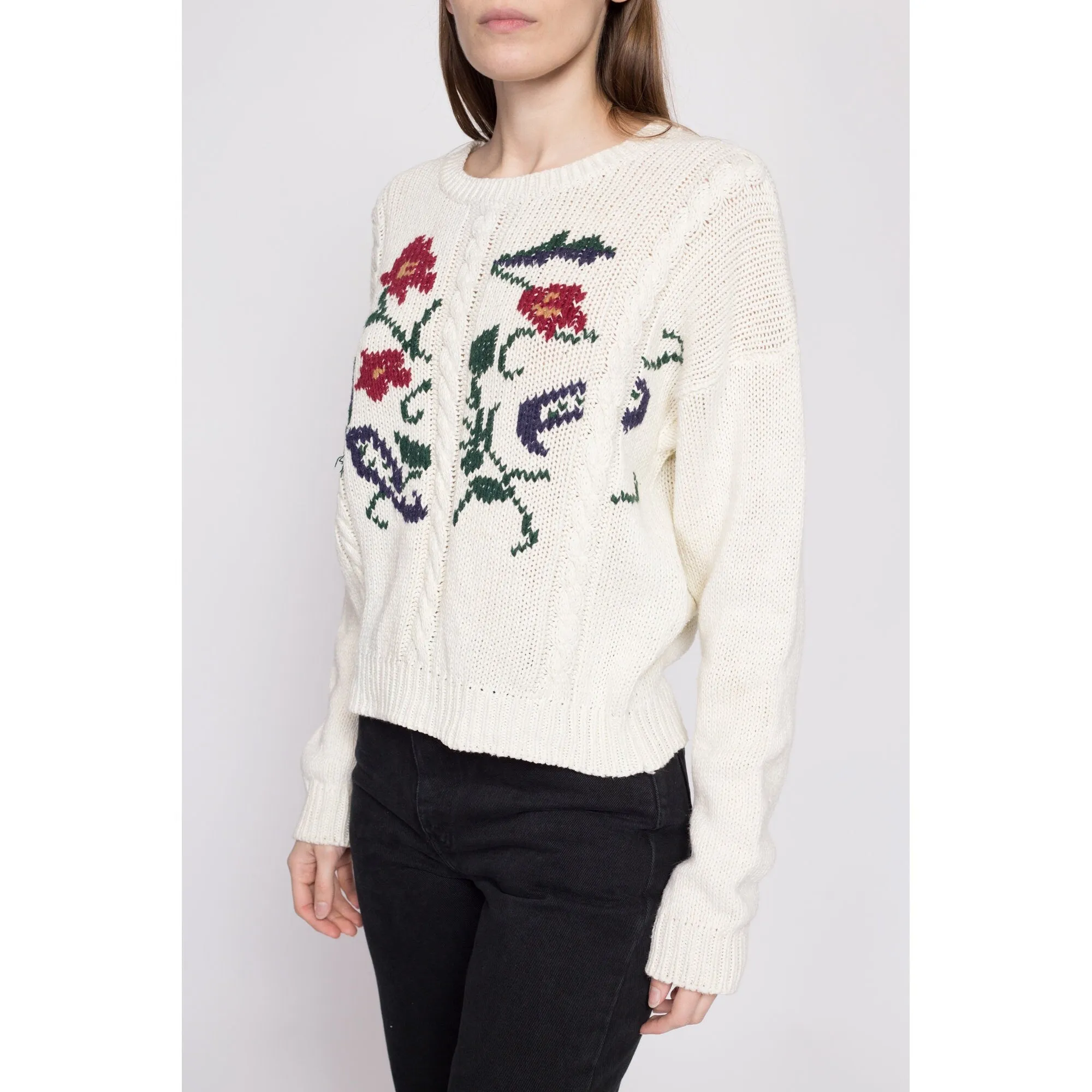 90s White Floral Cable Knit Sweater - Medium