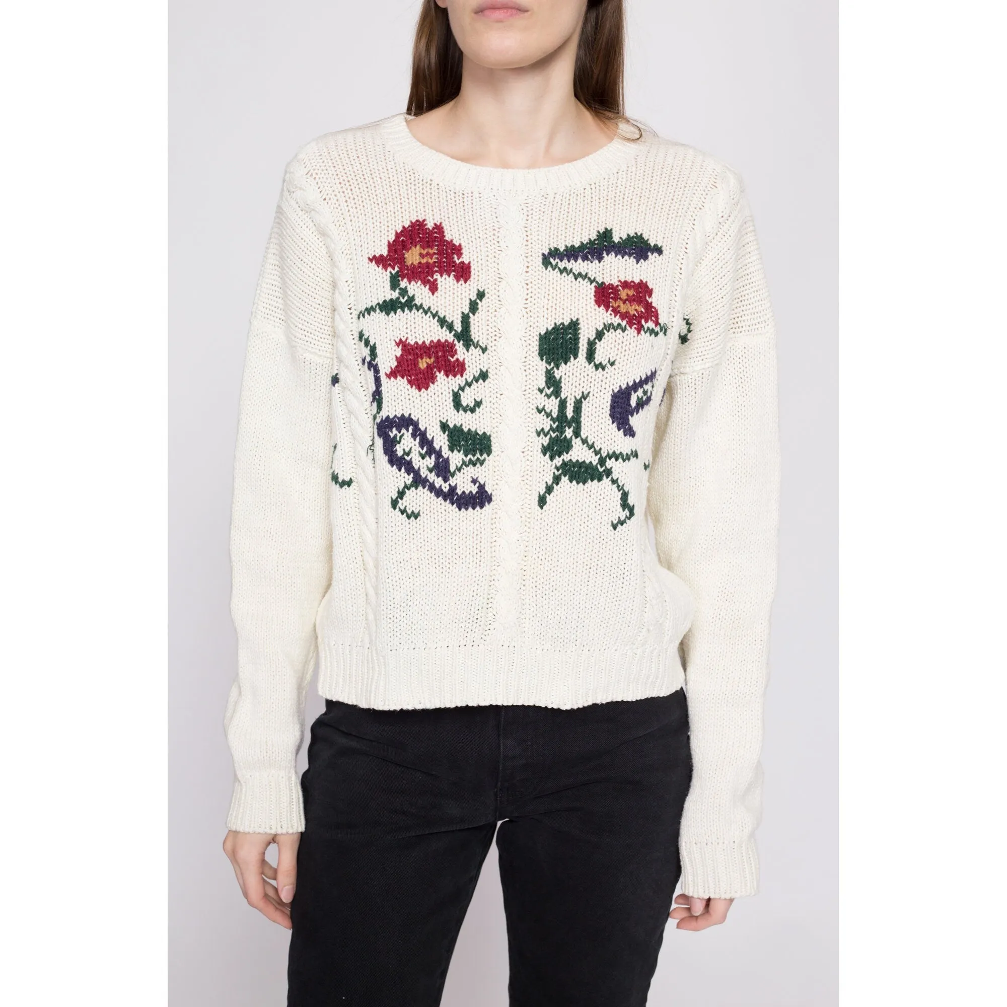 90s White Floral Cable Knit Sweater - Medium