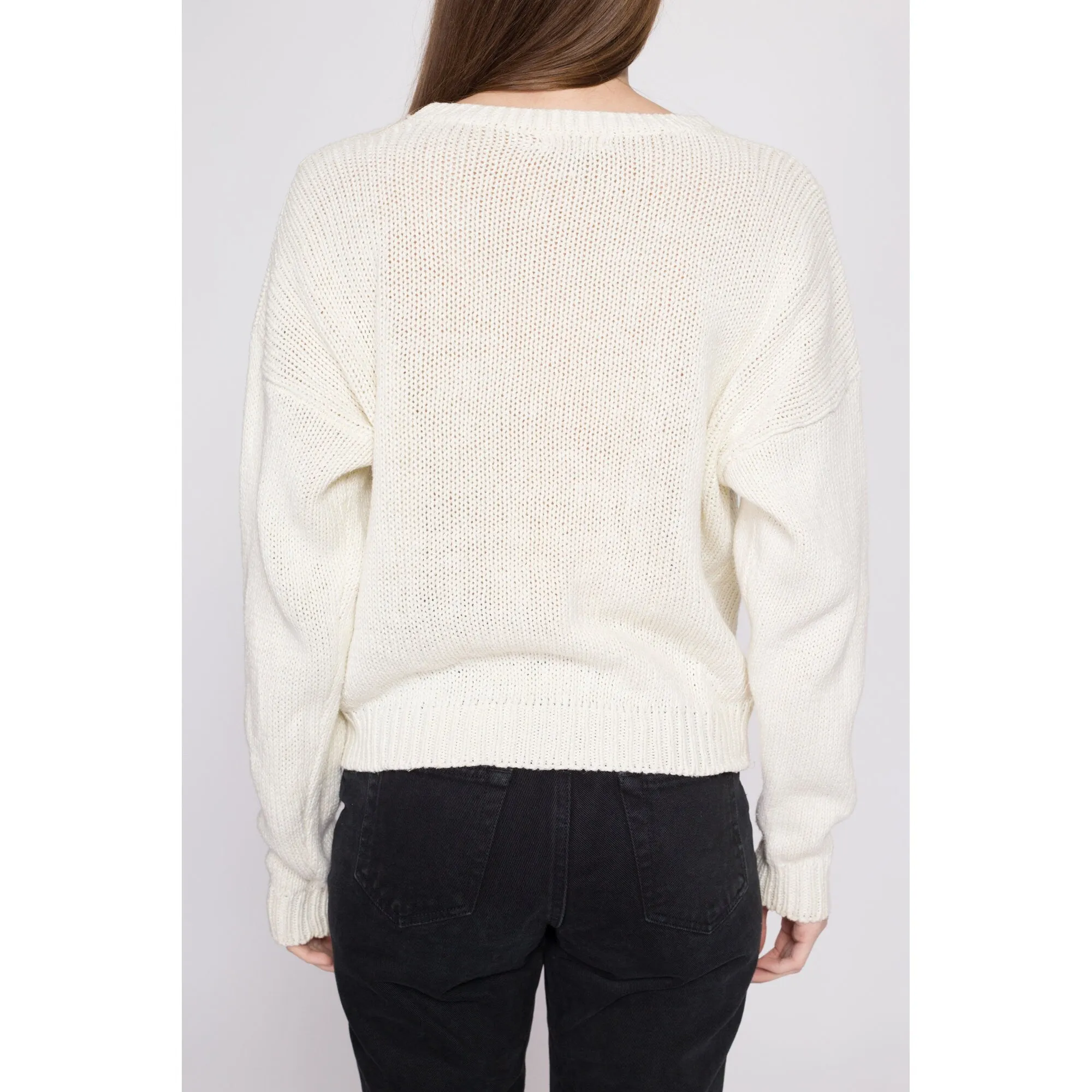 90s White Floral Cable Knit Sweater - Medium