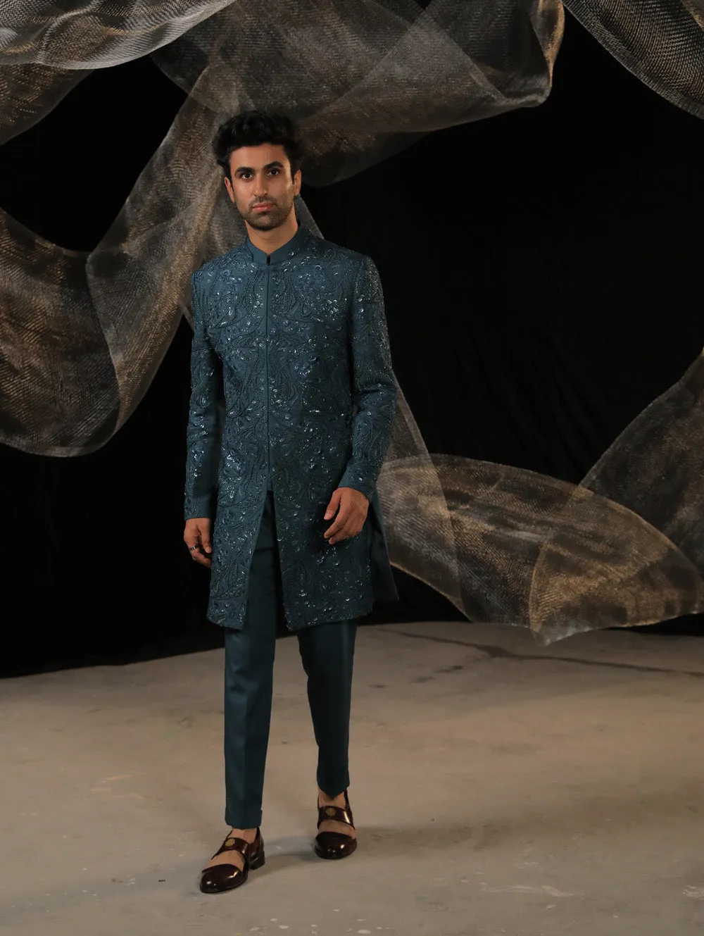Azure Teal Indowestern With Ai Designed Bead And Resam Work