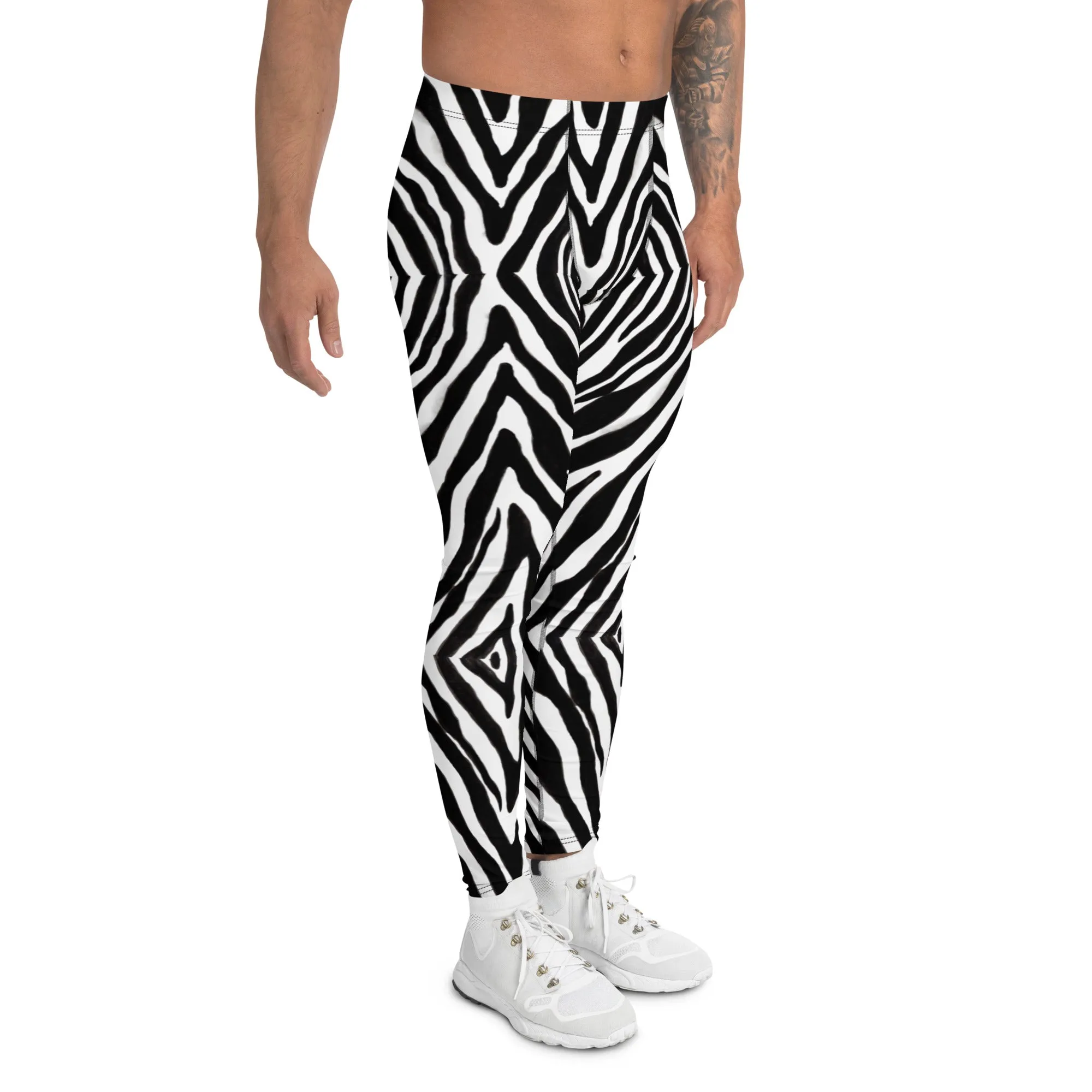 Black Zebra Print Men's Leggings, Zebra Striped Print Designer Running Compression Tights For Men - Made in USA/EU/MX