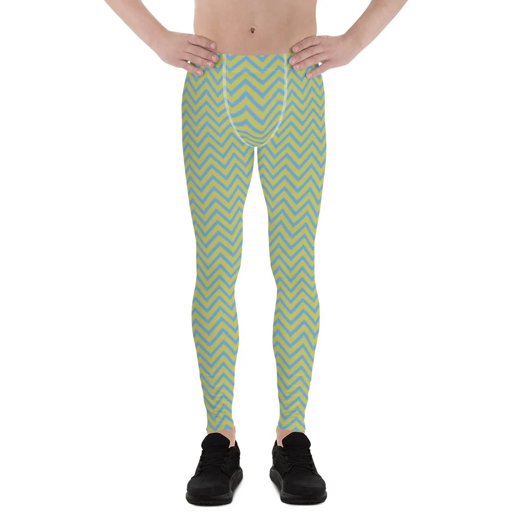 Blue Yellow Chevron Printed Meggings, Retro Style Meggings Compression Tights For Men - Made in USA/EU/MX