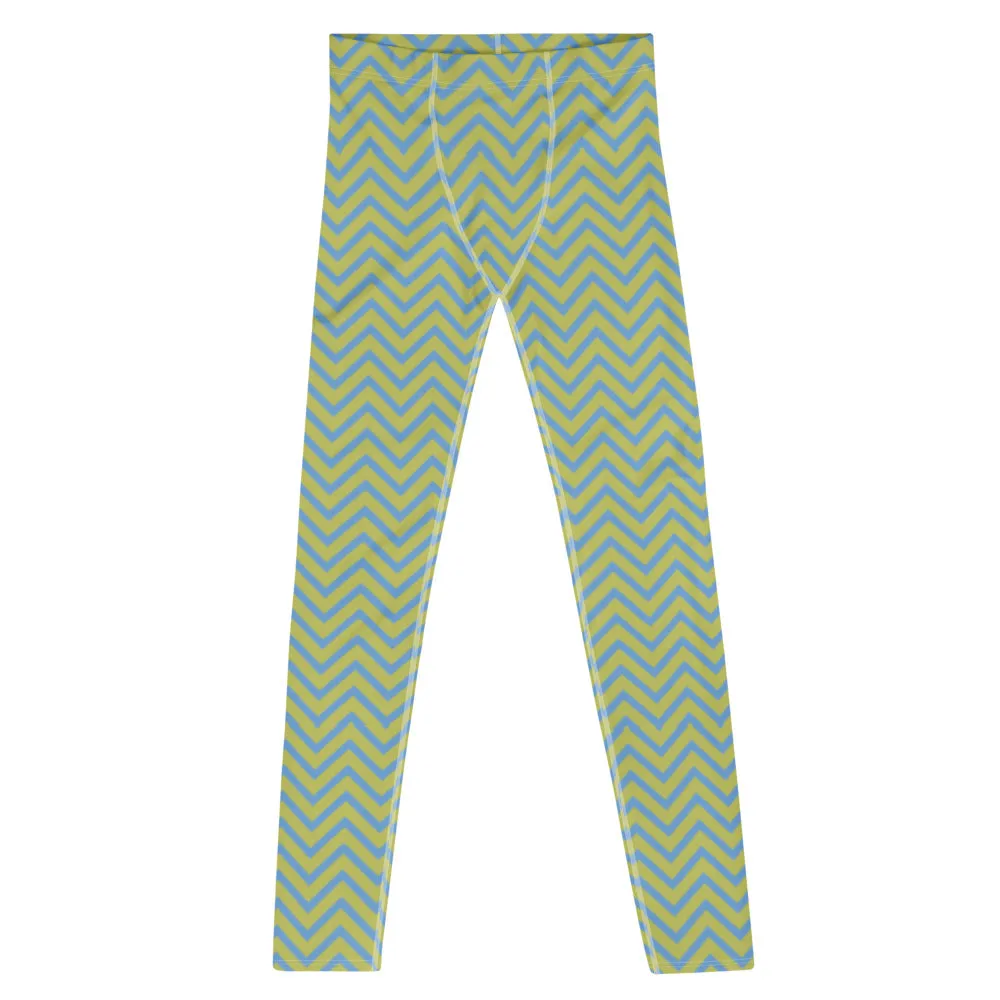 Blue Yellow Chevron Printed Meggings, Retro Style Meggings Compression Tights For Men - Made in USA/EU/MX