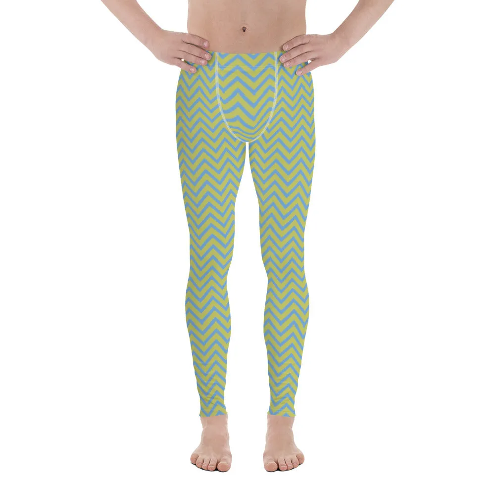 Blue Yellow Chevron Printed Meggings, Retro Style Meggings Compression Tights For Men - Made in USA/EU/MX