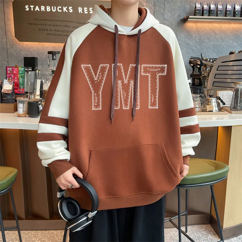 Jinquedai fall outfits men 2024 Spring New Simple Hooded Sweater Men's Youth Student Wear Casual Pullover Stitching Top