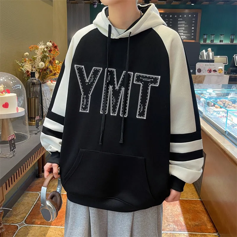 Jinquedai fall outfits men 2024 Spring New Simple Hooded Sweater Men's Youth Student Wear Casual Pullover Stitching Top