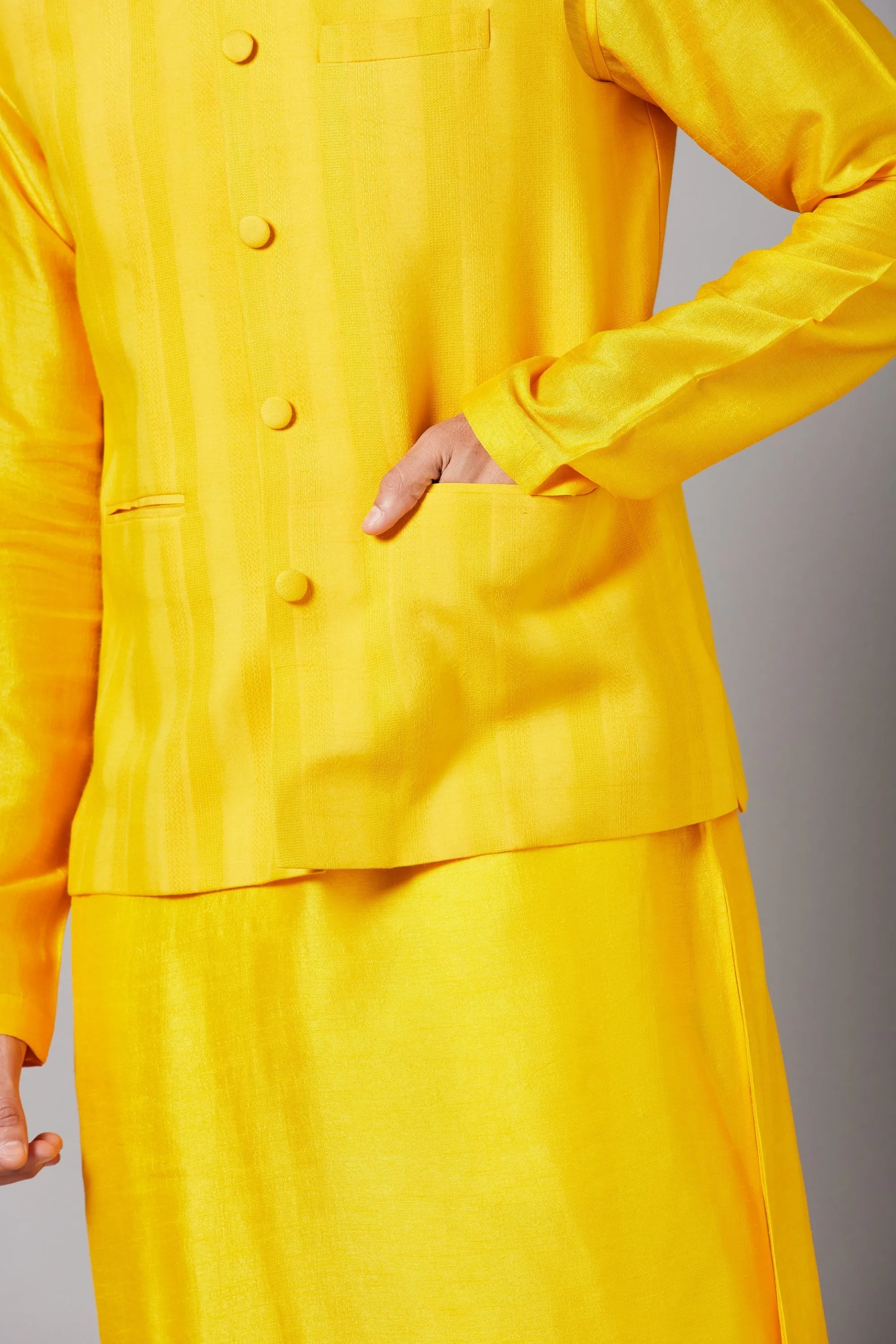 Men's Mustard Color Nehru Jacket With Kurta Pant Set - Hilo Design