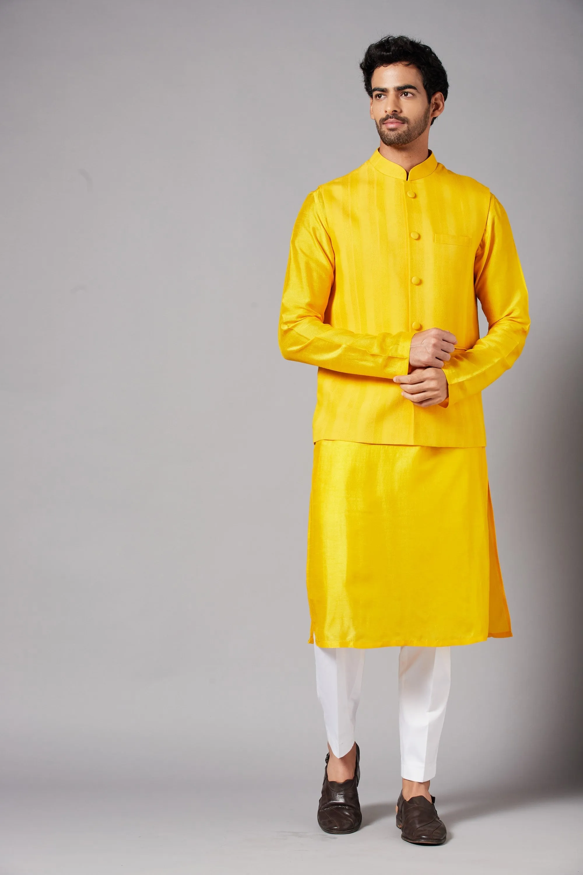 Men's Mustard Color Nehru Jacket With Kurta Pant Set - Hilo Design