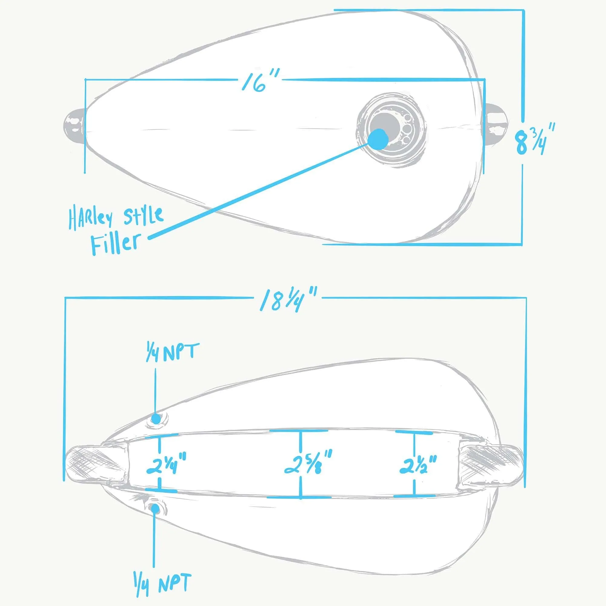 Narrow Alien Motorcycle Gas Tank - 2.1 gallon