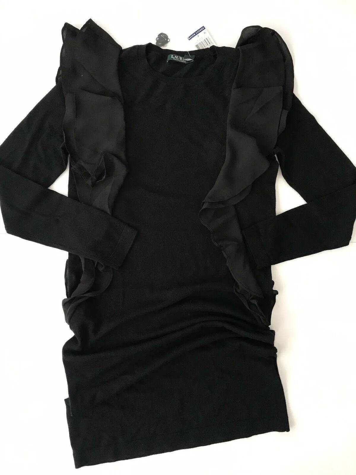 NWT Polo Ralph Lauren Women's Black  Ruffled Cotton Sweater Dress Size M