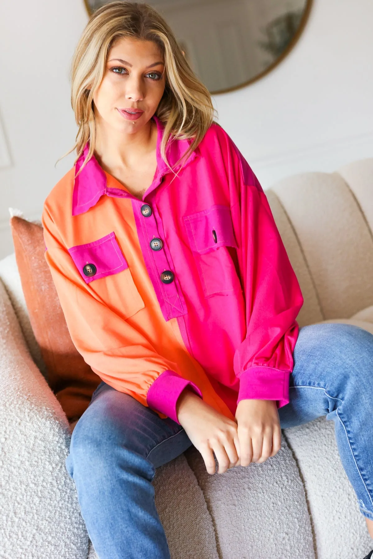 Orange & Fuchsia Color Block Button Down Top