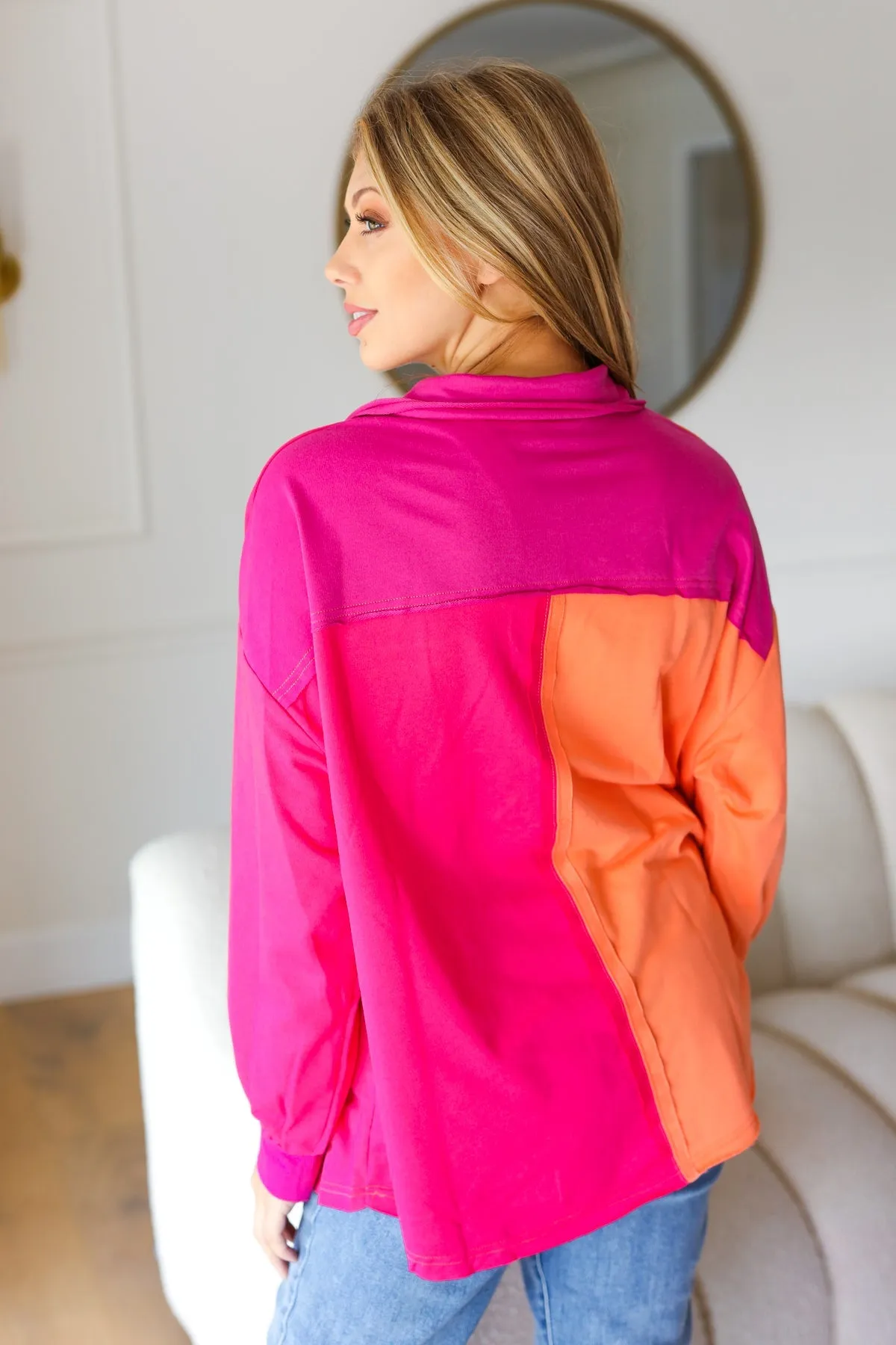 Orange & Fuchsia Color Block Button Down Top