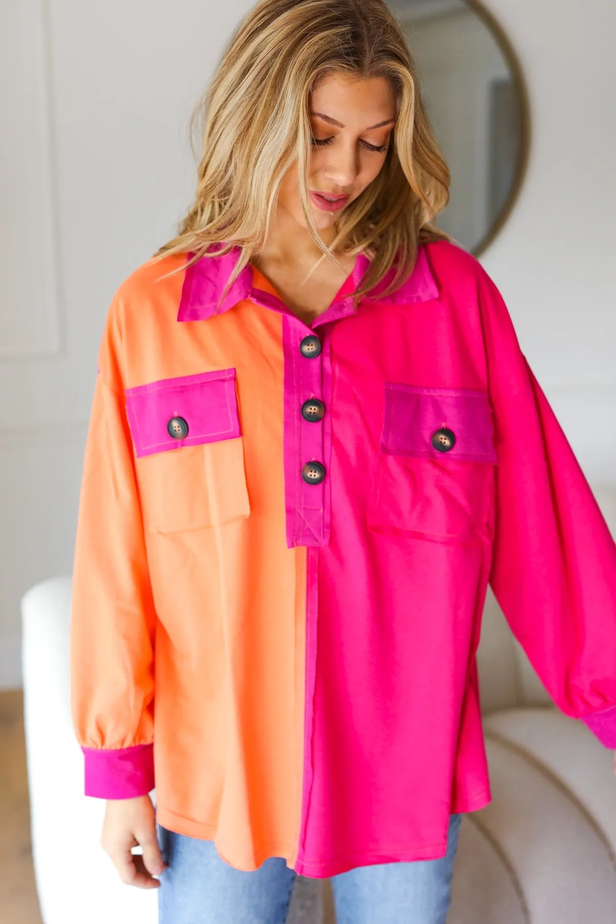 Orange & Fuchsia Color Block Button Down Top
