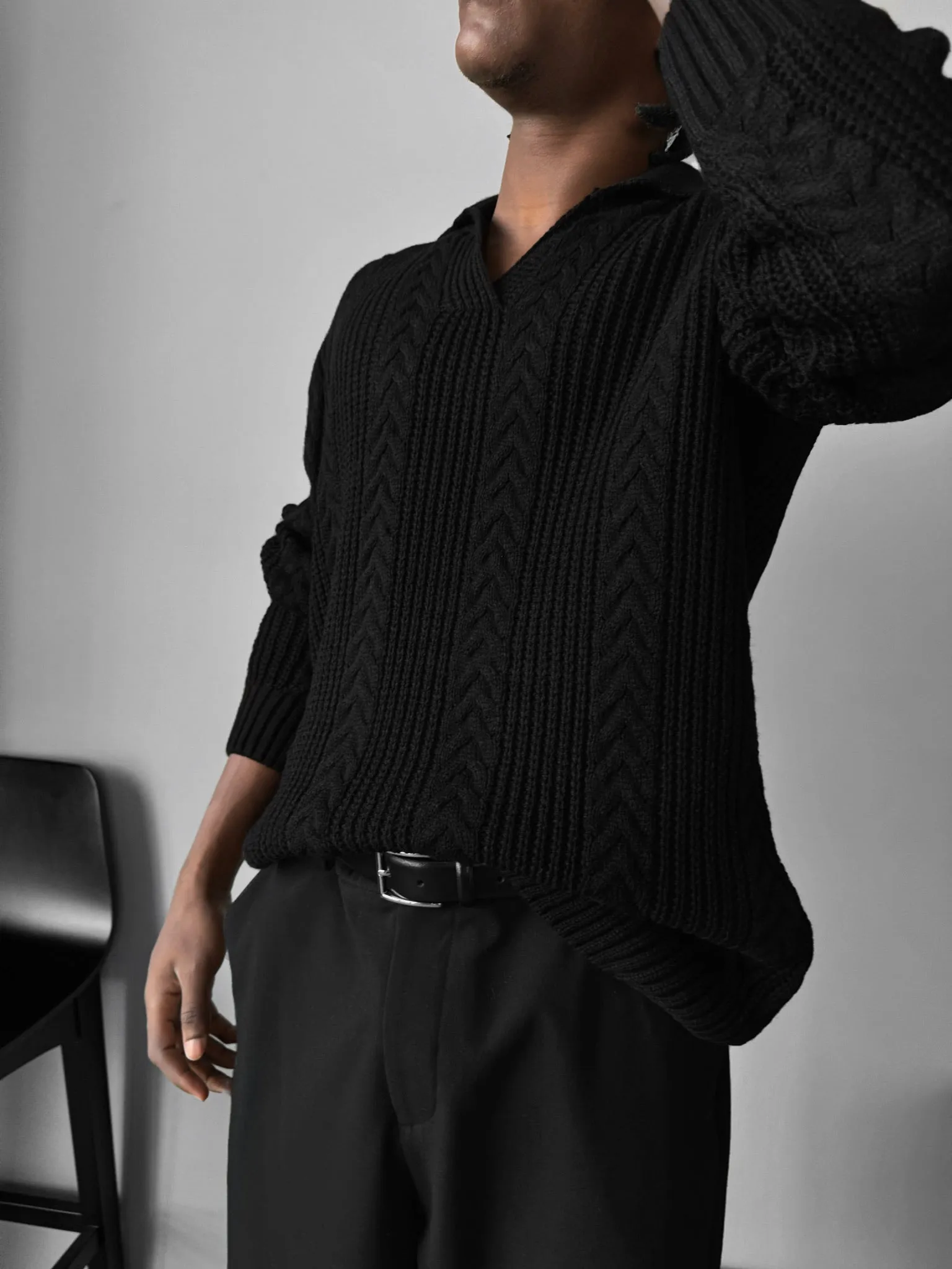 Oversize Braided Structure Polo Sweater - Black