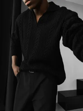 Oversize Braided Structure Polo Sweater - Black