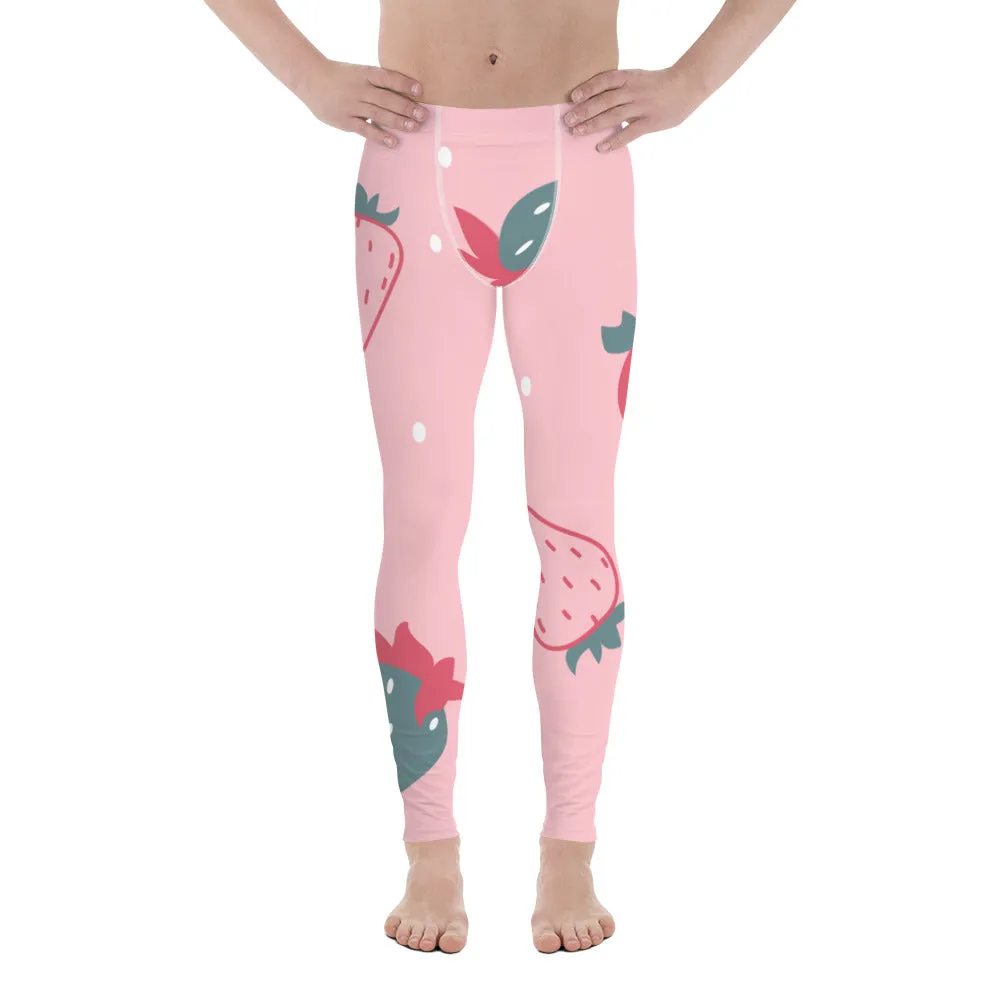 Pink Strawberry Best Men's Leggings, Pink Abstract Strawberry Print Premium Designer Men's Tight Pants - Made in USA/EU/MX