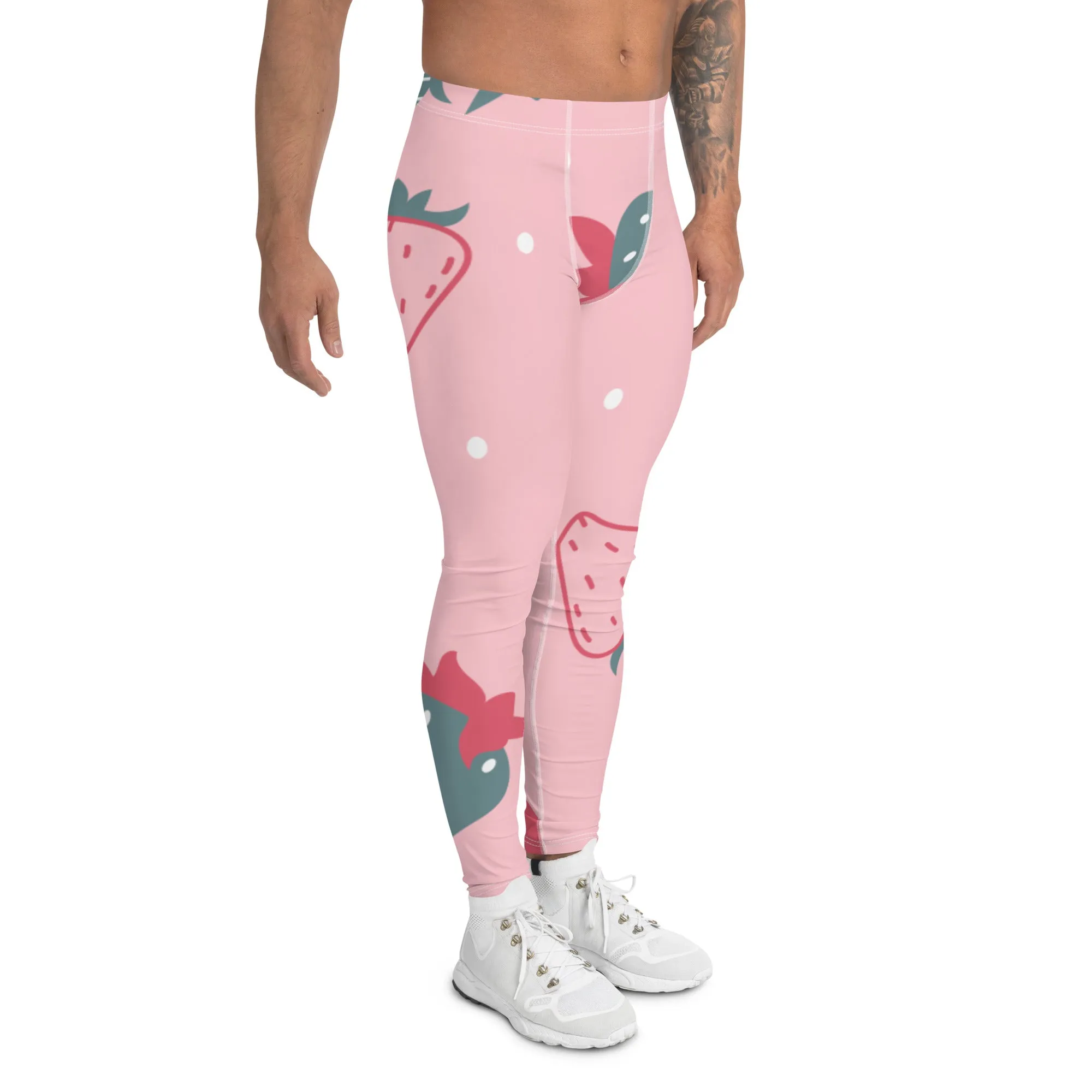 Pink Strawberry Best Men's Leggings, Pink Abstract Strawberry Print Premium Designer Men's Tight Pants - Made in USA/EU/MX