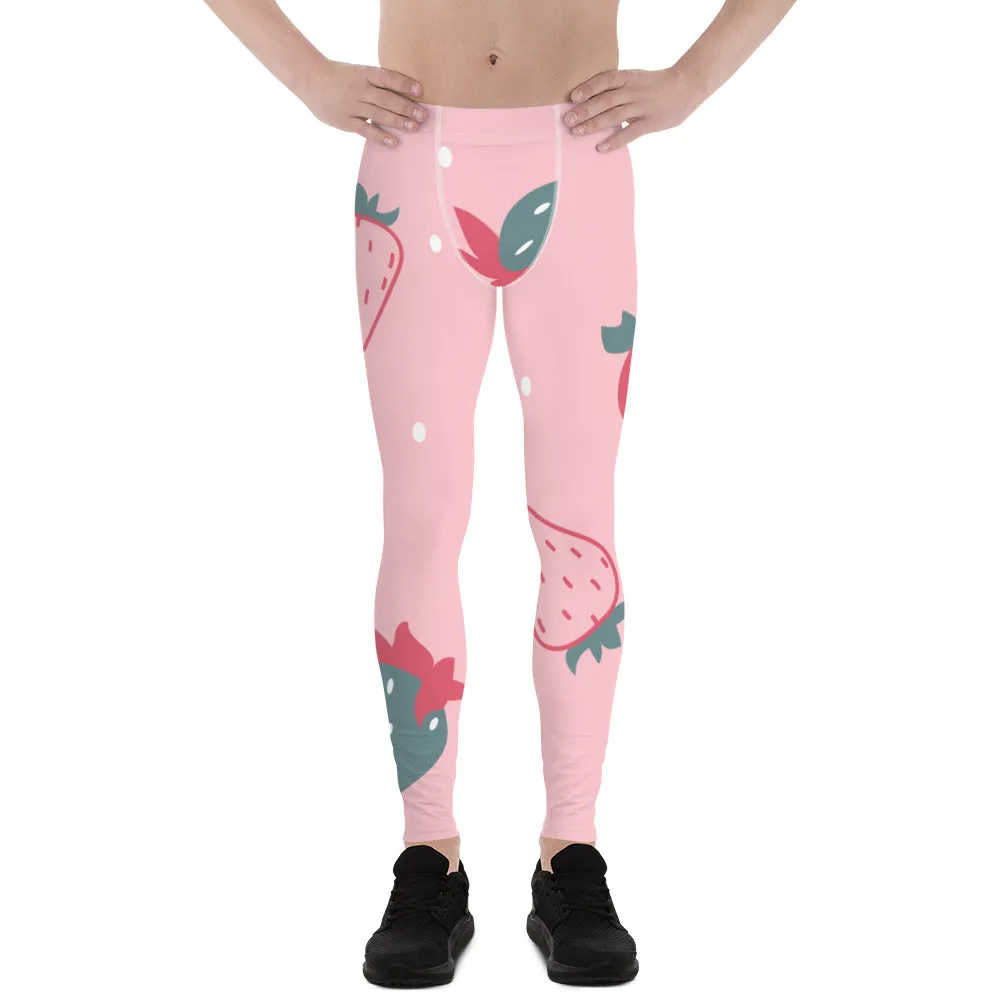 Pink Strawberry Best Men's Leggings, Pink Abstract Strawberry Print Premium Designer Men's Tight Pants - Made in USA/EU/MX