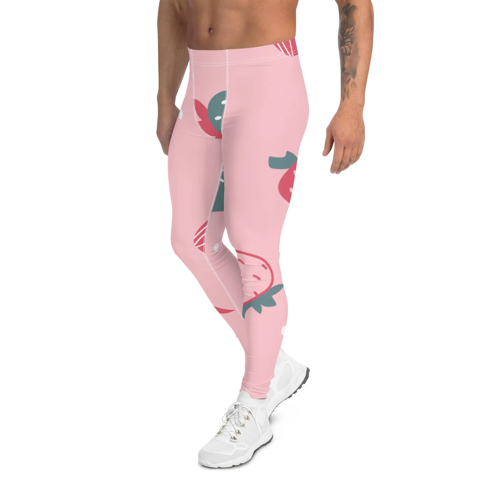 Pink Strawberry Best Men's Leggings, Pink Abstract Strawberry Print Premium Designer Men's Tight Pants - Made in USA/EU/MX