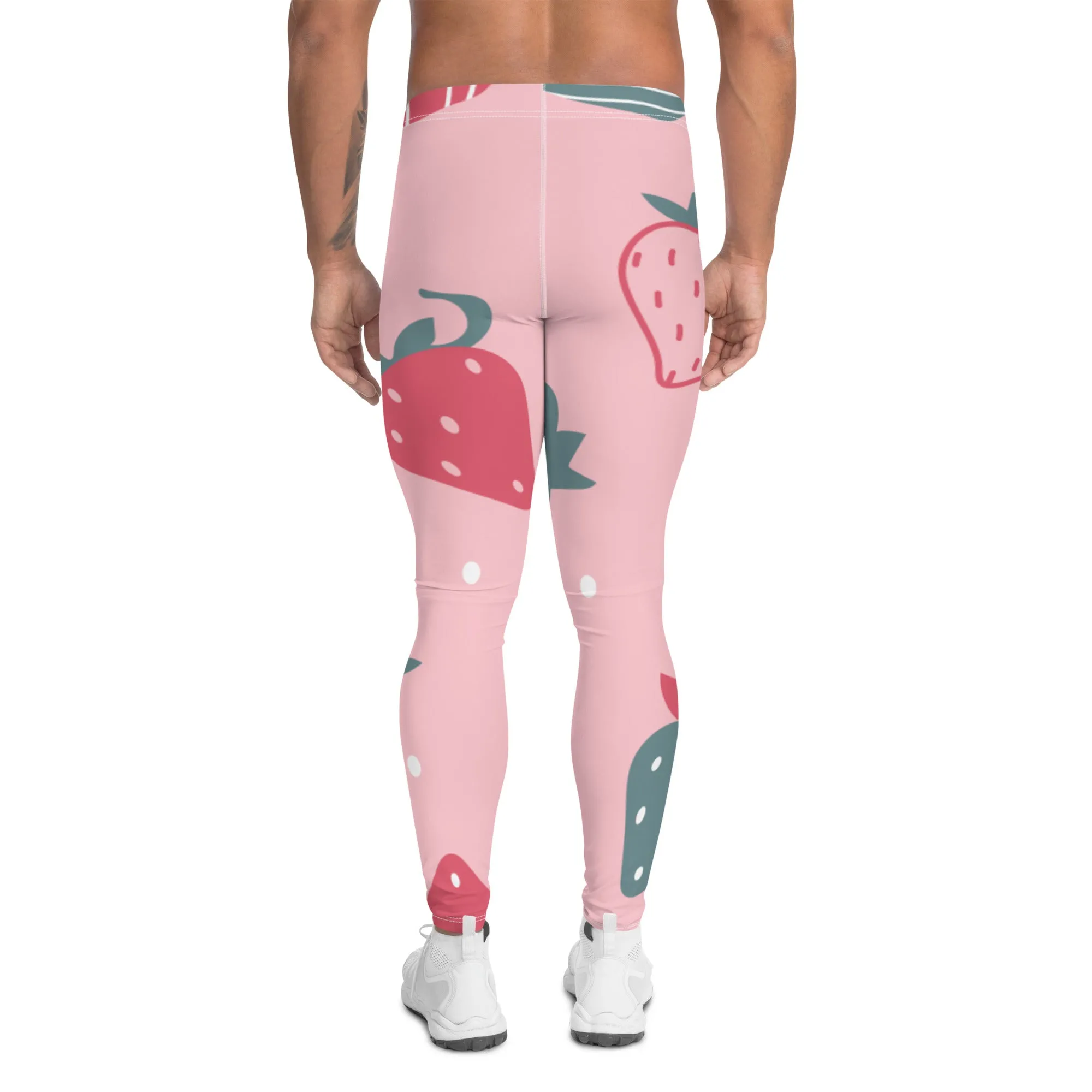 Pink Strawberry Best Men's Leggings, Pink Abstract Strawberry Print Premium Designer Men's Tight Pants - Made in USA/EU/MX