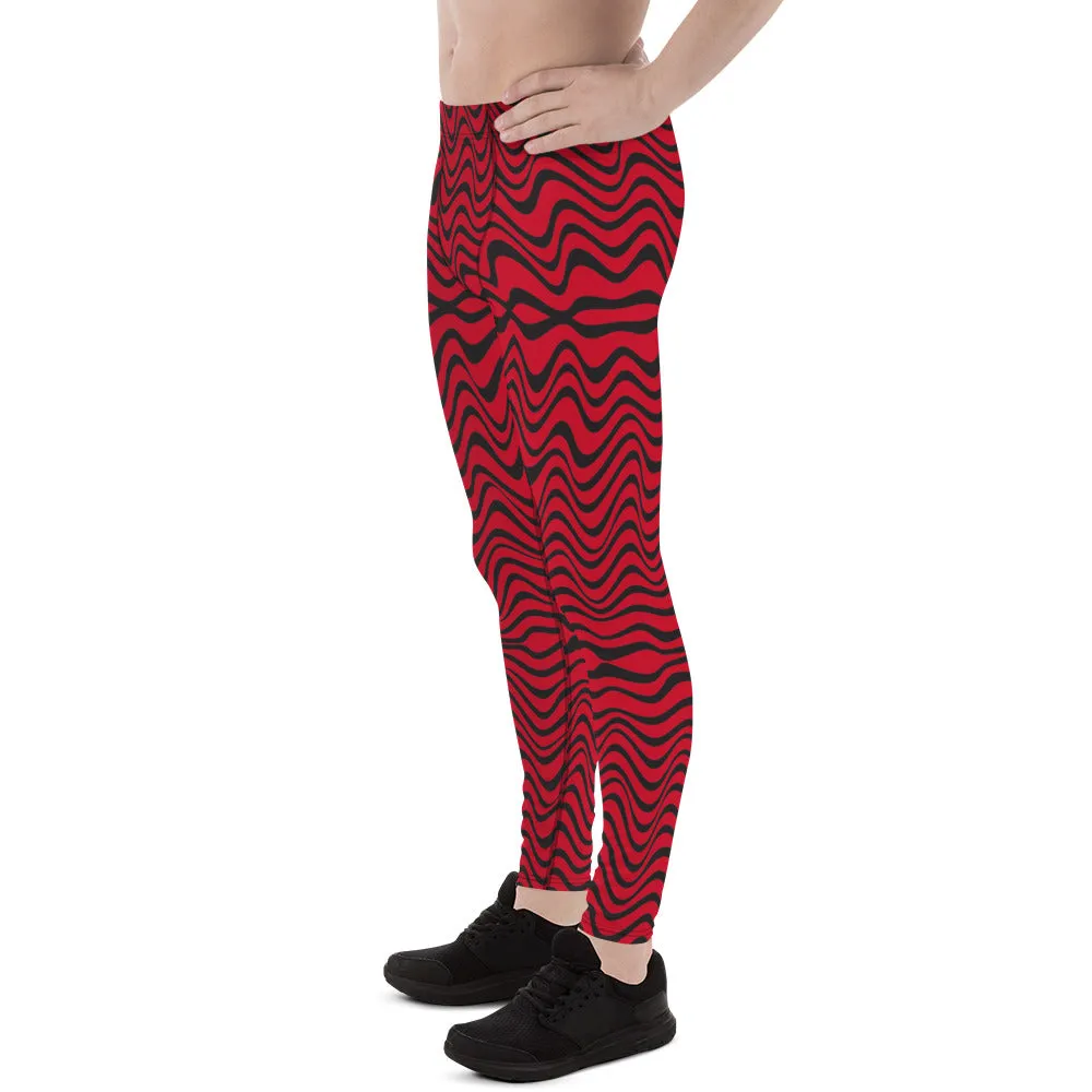 Red Wavy Men's Leggings, Great Wave Abstract Pattern Yoga Leggings-Made In USA/EU/MX