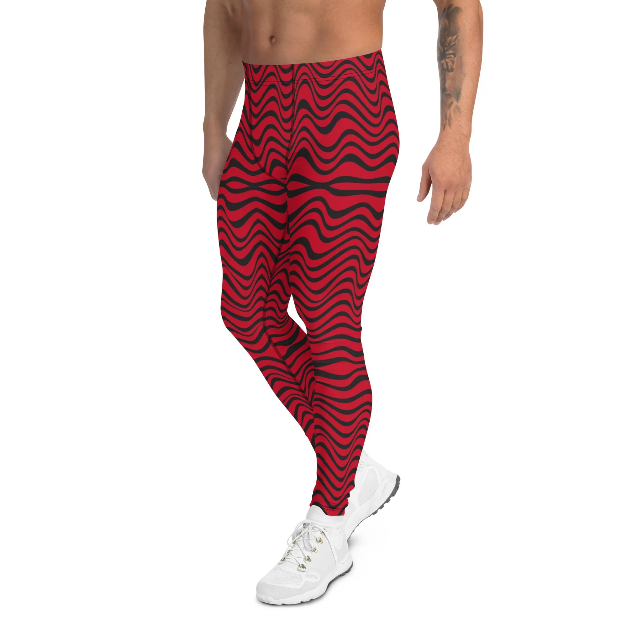 Red Wavy Men's Leggings, Great Wave Abstract Pattern Yoga Leggings-Made In USA/EU/MX