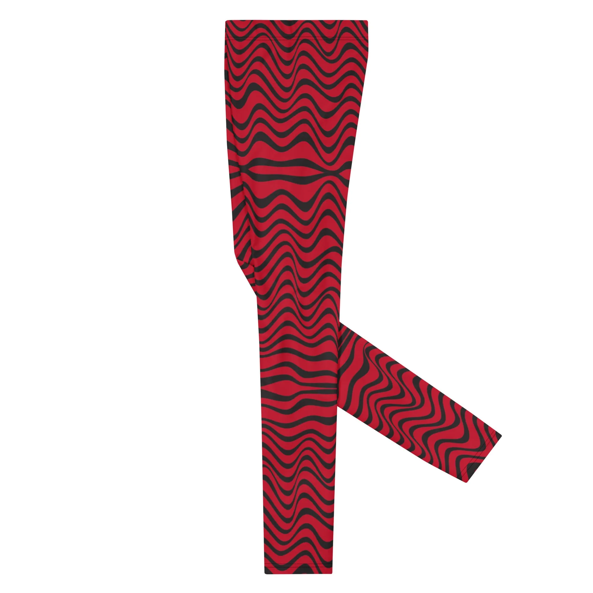 Red Wavy Men's Leggings, Great Wave Abstract Pattern Yoga Leggings-Made In USA/EU/MX