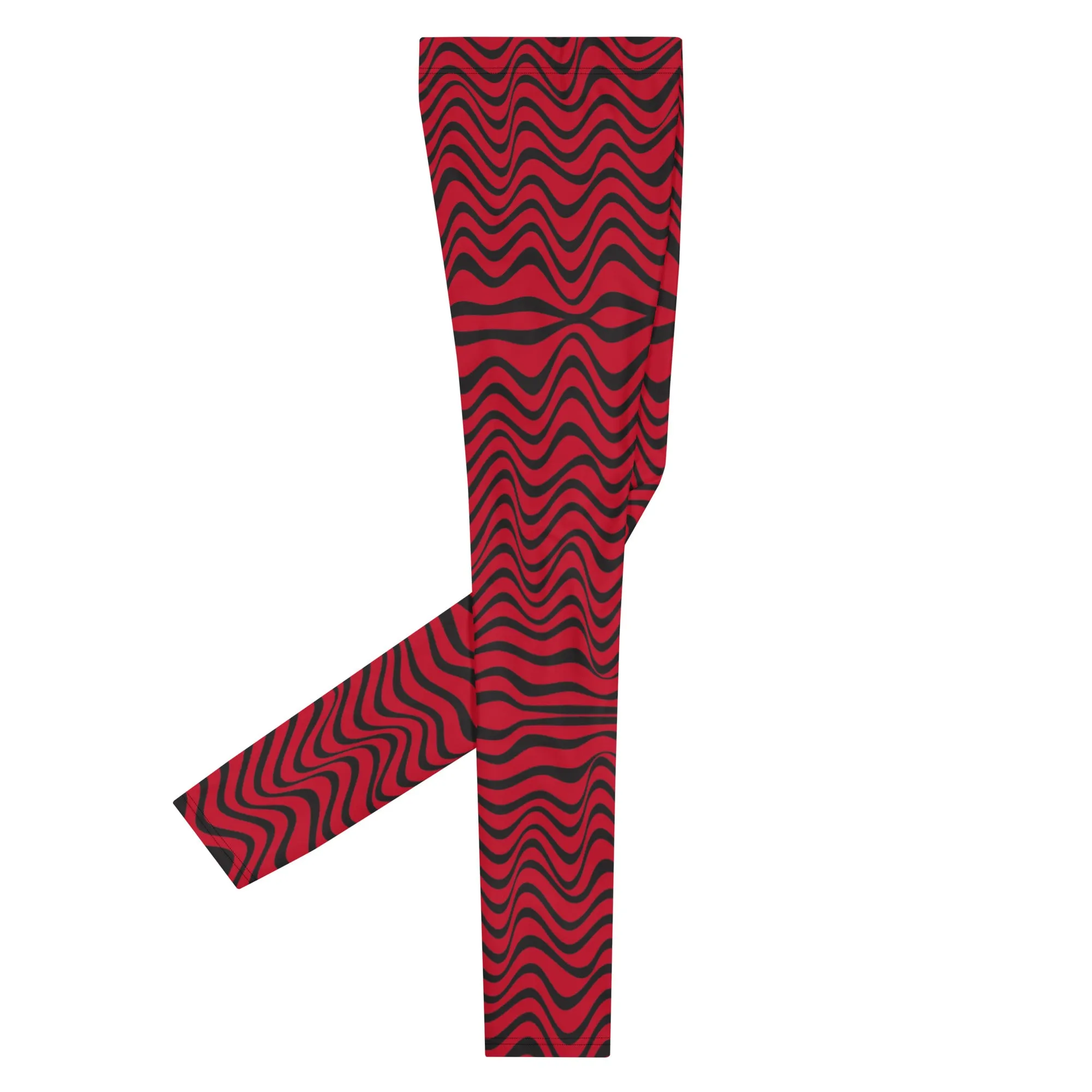 Red Wavy Men's Leggings, Great Wave Abstract Pattern Yoga Leggings-Made In USA/EU/MX