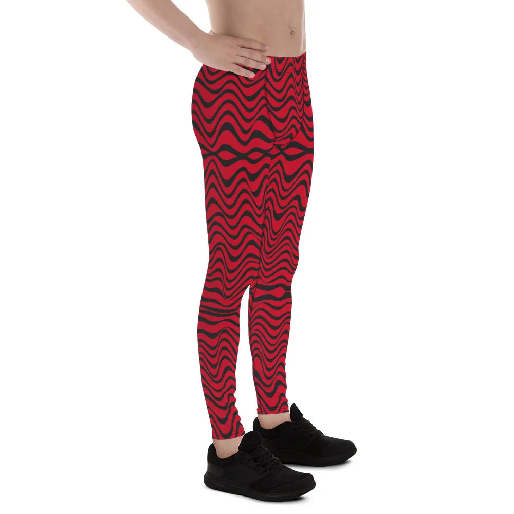 Red Wavy Men's Leggings, Great Wave Abstract Pattern Yoga Leggings-Made In USA/EU/MX