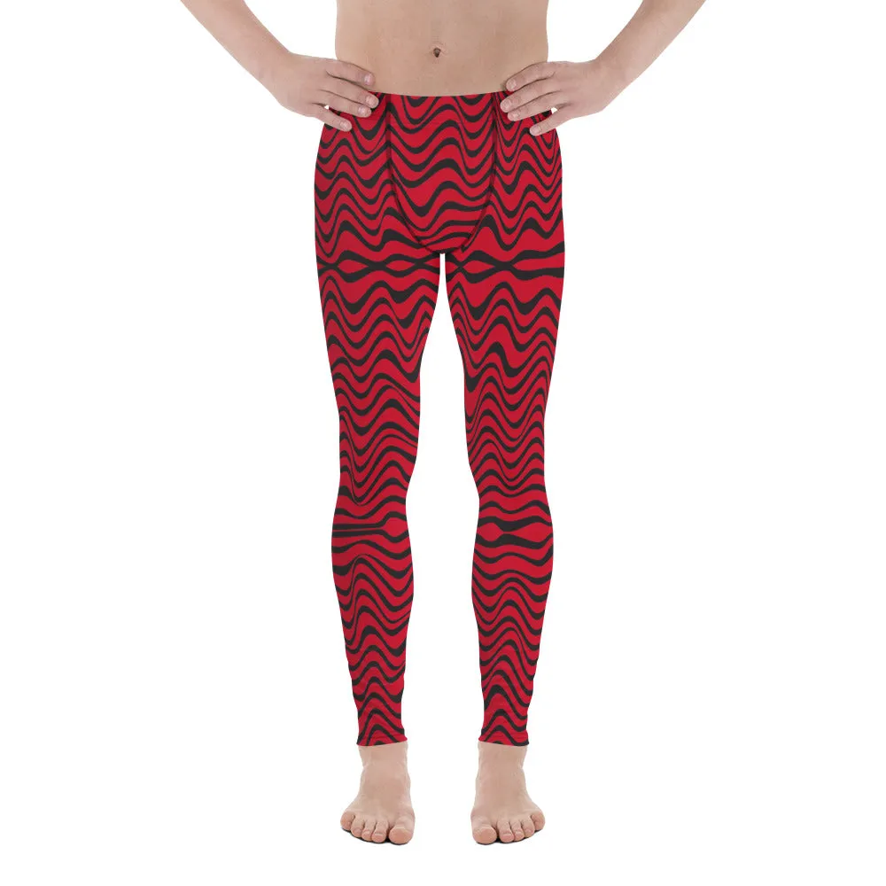 Red Wavy Men's Leggings, Great Wave Abstract Pattern Yoga Leggings-Made In USA/EU/MX