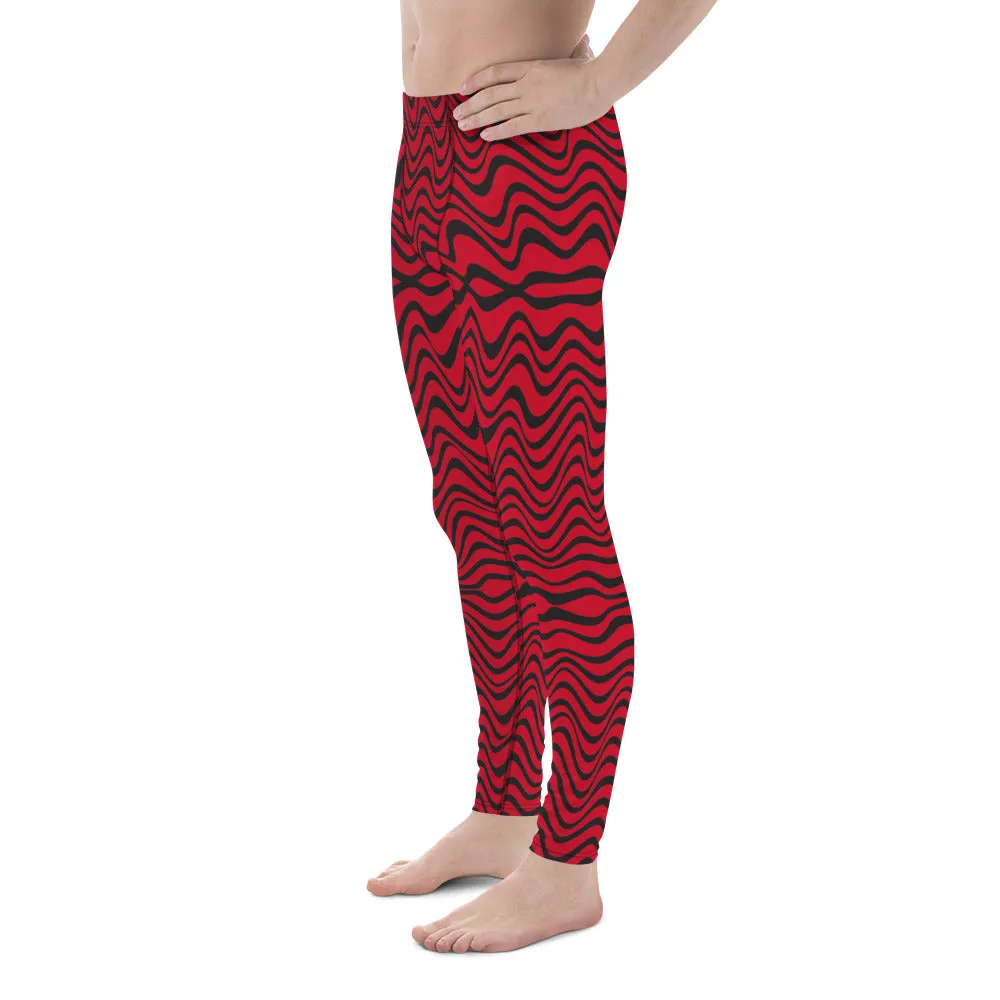 Red Wavy Men's Leggings, Great Wave Abstract Pattern Yoga Leggings-Made In USA/EU/MX