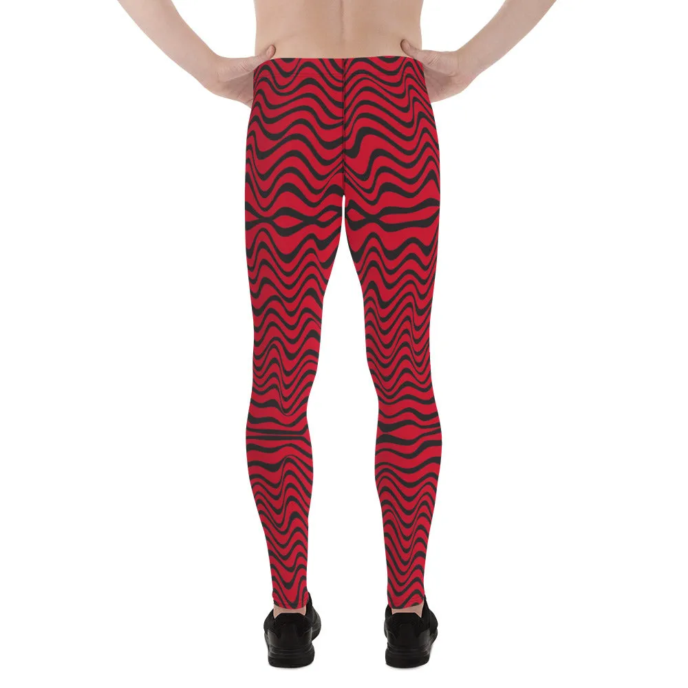 Red Wavy Men's Leggings, Great Wave Abstract Pattern Yoga Leggings-Made In USA/EU/MX