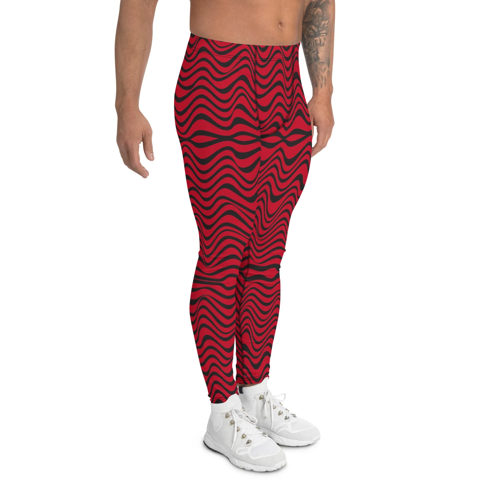 Red Wavy Men's Leggings, Great Wave Abstract Pattern Yoga Leggings-Made In USA/EU/MX