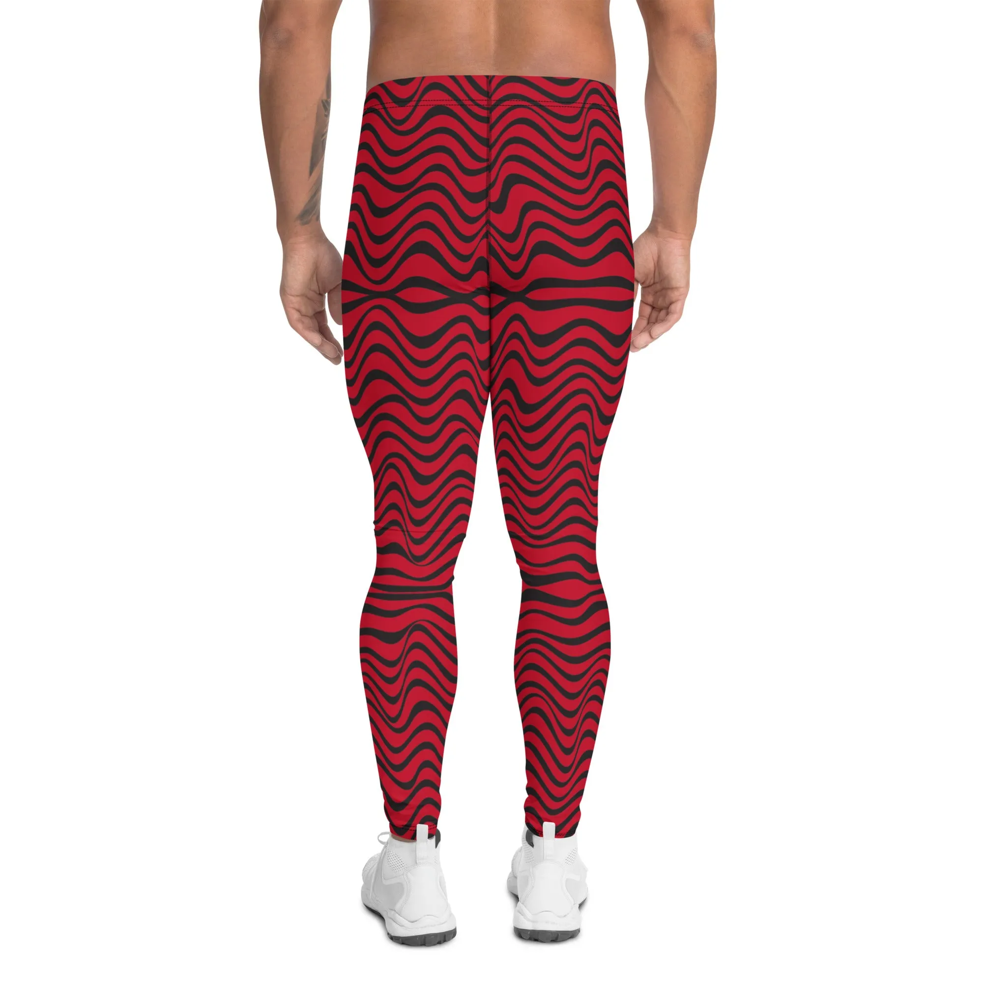 Red Wavy Men's Leggings, Great Wave Abstract Pattern Yoga Leggings-Made In USA/EU/MX