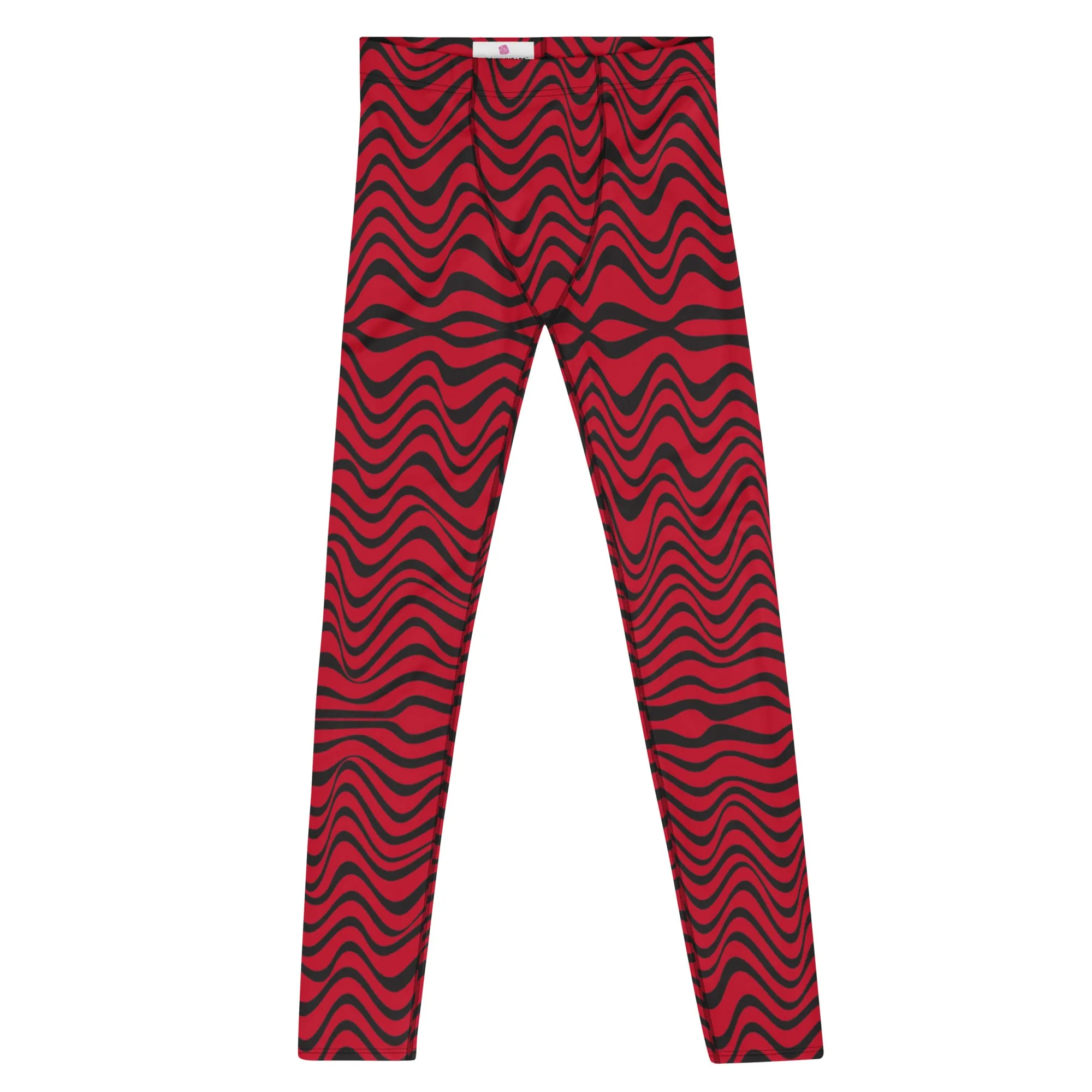 Red Wavy Men's Leggings, Great Wave Abstract Pattern Yoga Leggings-Made In USA/EU/MX