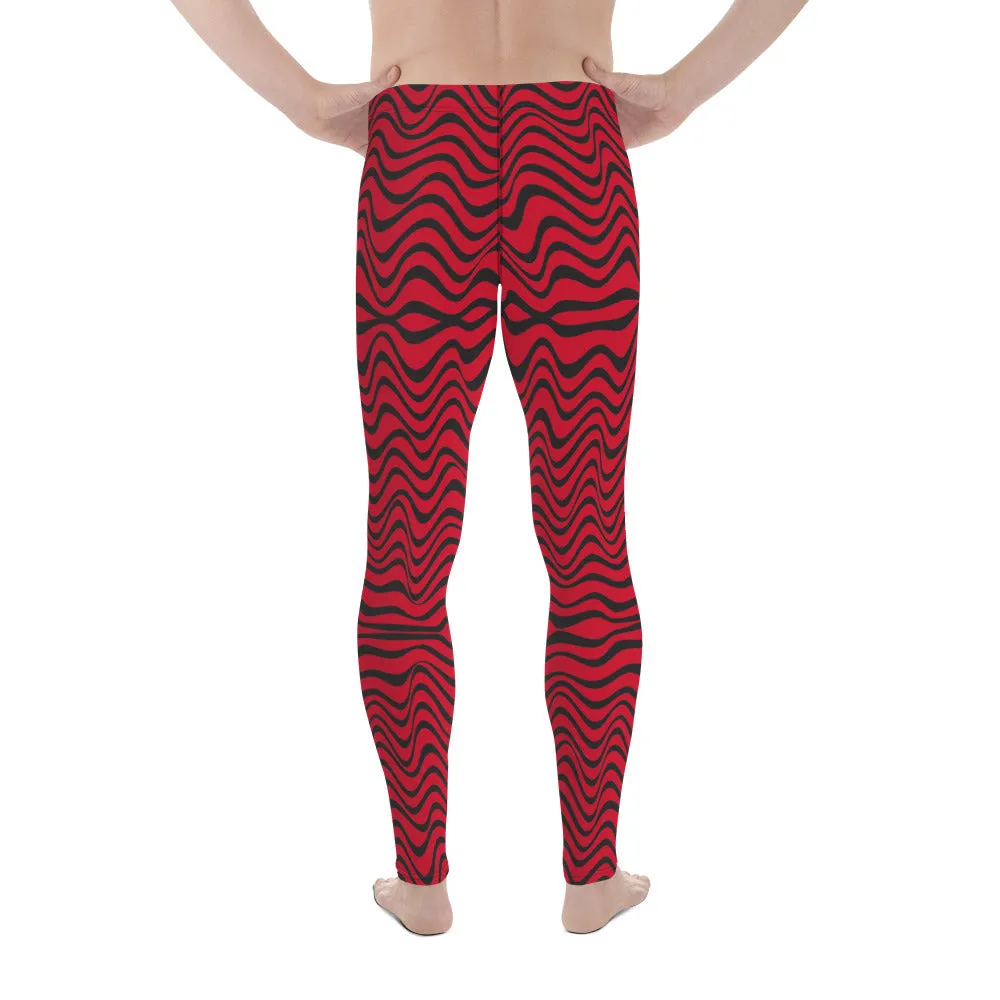 Red Wavy Men's Leggings, Great Wave Abstract Pattern Yoga Leggings-Made In USA/EU/MX