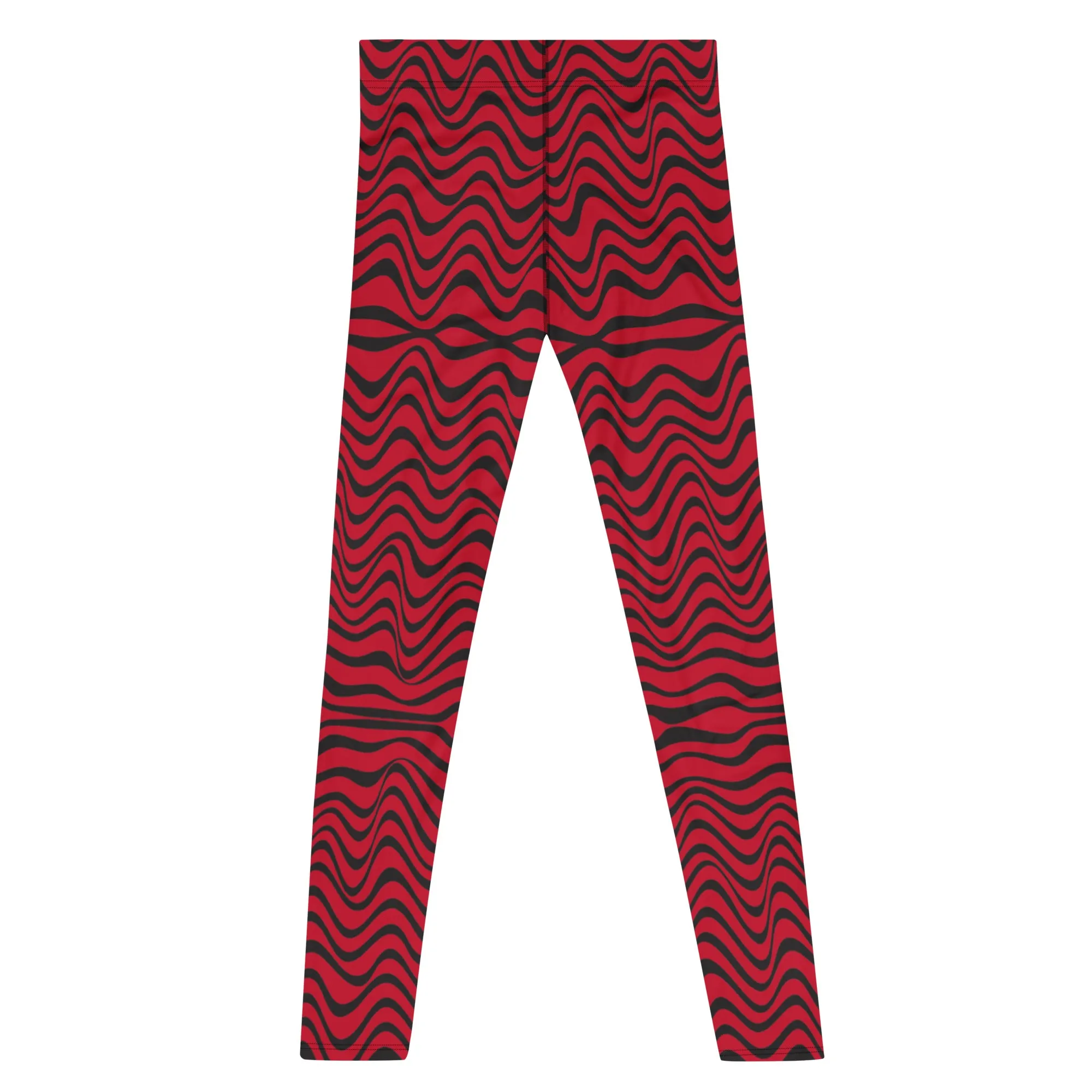 Red Wavy Men's Leggings, Great Wave Abstract Pattern Yoga Leggings-Made In USA/EU/MX