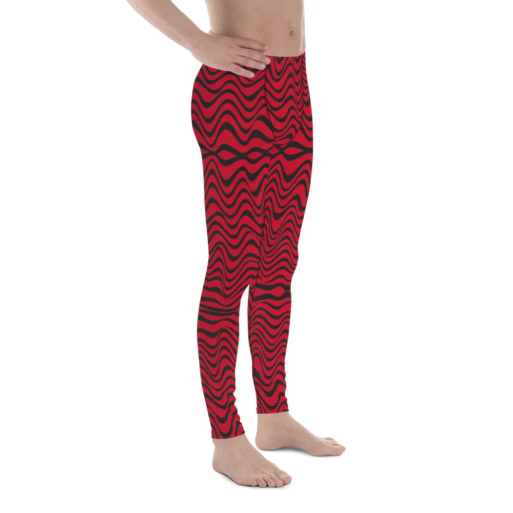 Red Wavy Men's Leggings, Great Wave Abstract Pattern Yoga Leggings-Made In USA/EU/MX