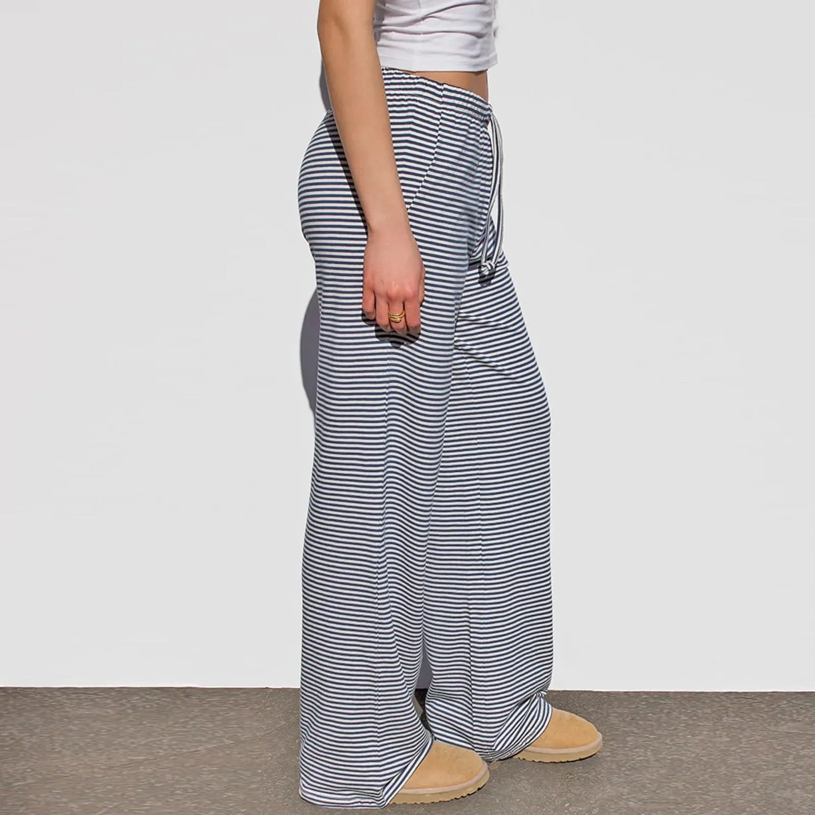 Stripe/Zebra Leopard Drawstring Elastic Waist Spring Summer Sweat Wide-Leg Pants