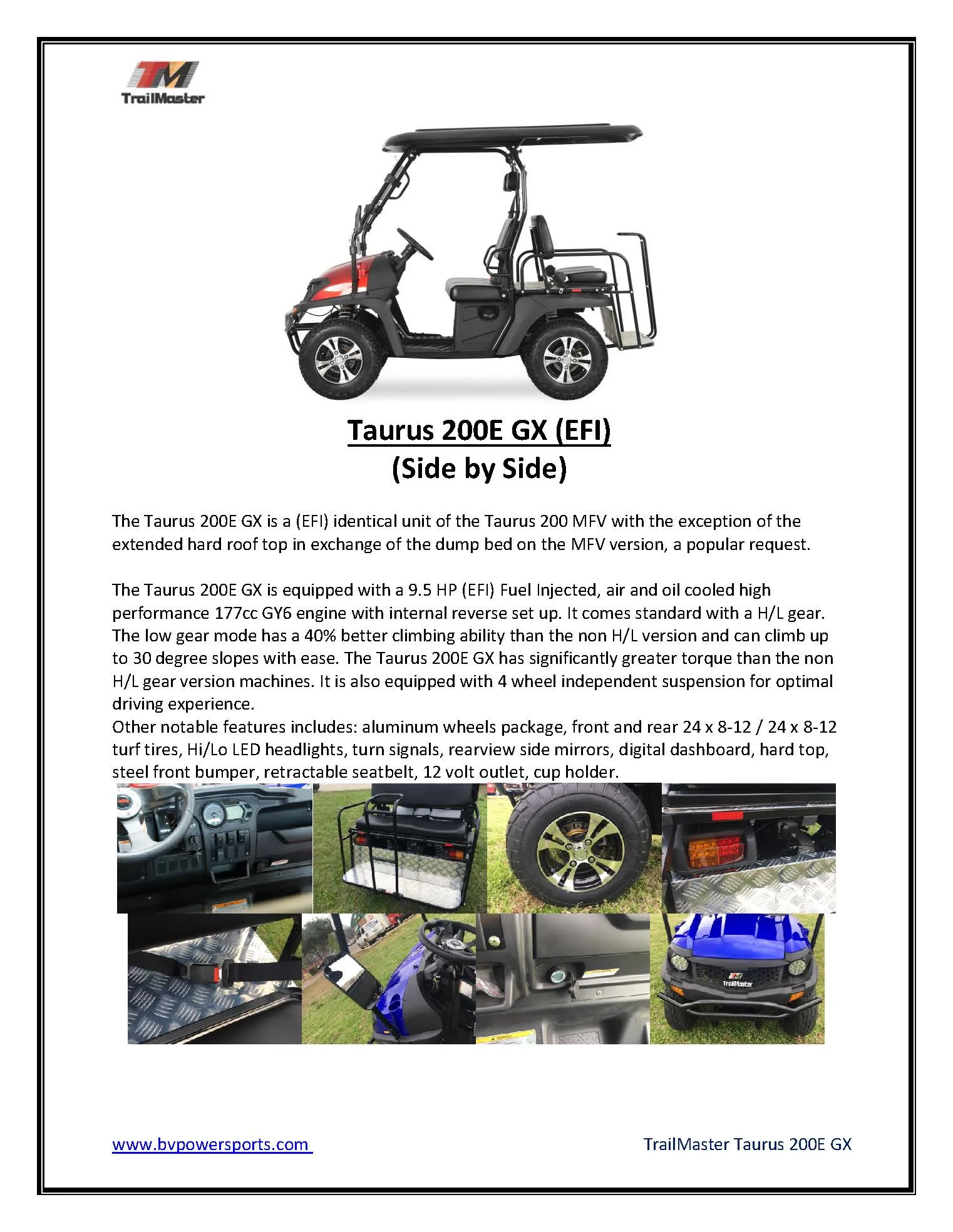 TrailMaster Taurus 200E-GX UTV Fuel-Injection-System Golf cart extended roof long roof, 4 seat with optional dump bed