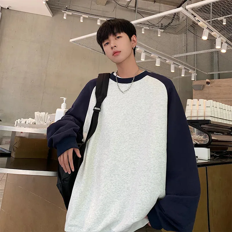 WIAOFELLAS  -  Men's autumn and winter round neck hoodie, large color matching pullover, student youth color matching loose casual top