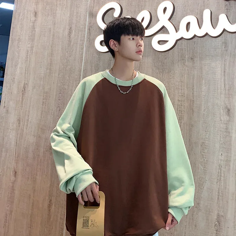 WIAOFELLAS  -  Men's autumn and winter round neck hoodie, large color matching pullover, student youth color matching loose casual top