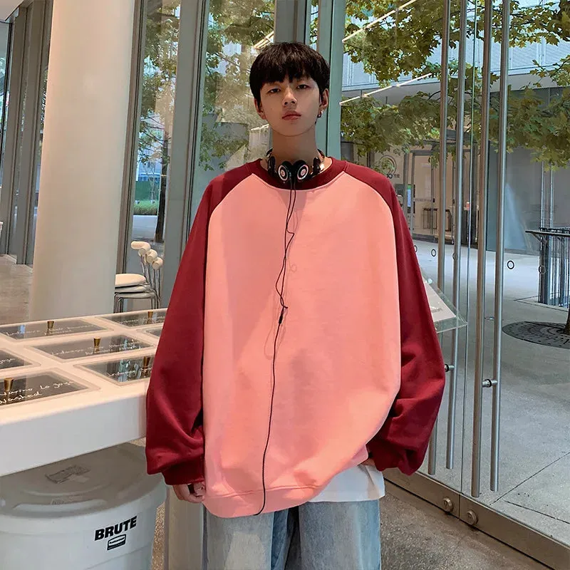 WIAOFELLAS  -  Men's autumn and winter round neck hoodie, large color matching pullover, student youth color matching loose casual top