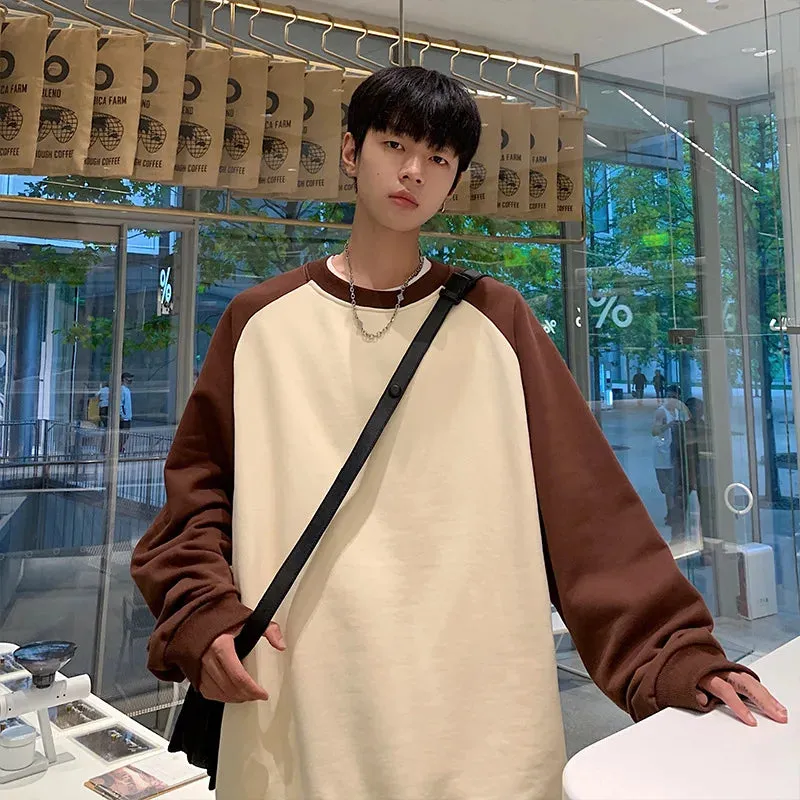WIAOFELLAS  -  Men's autumn and winter round neck hoodie, large color matching pullover, student youth color matching loose casual top