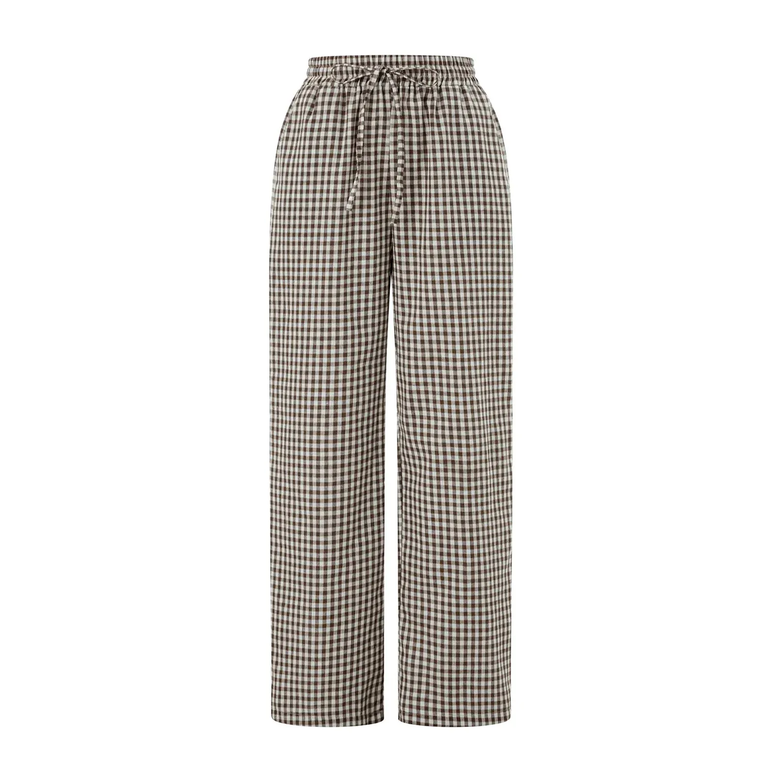 Wide Leg Loose Elastic Waist Plaid Pockets Daily Office Casual Pants